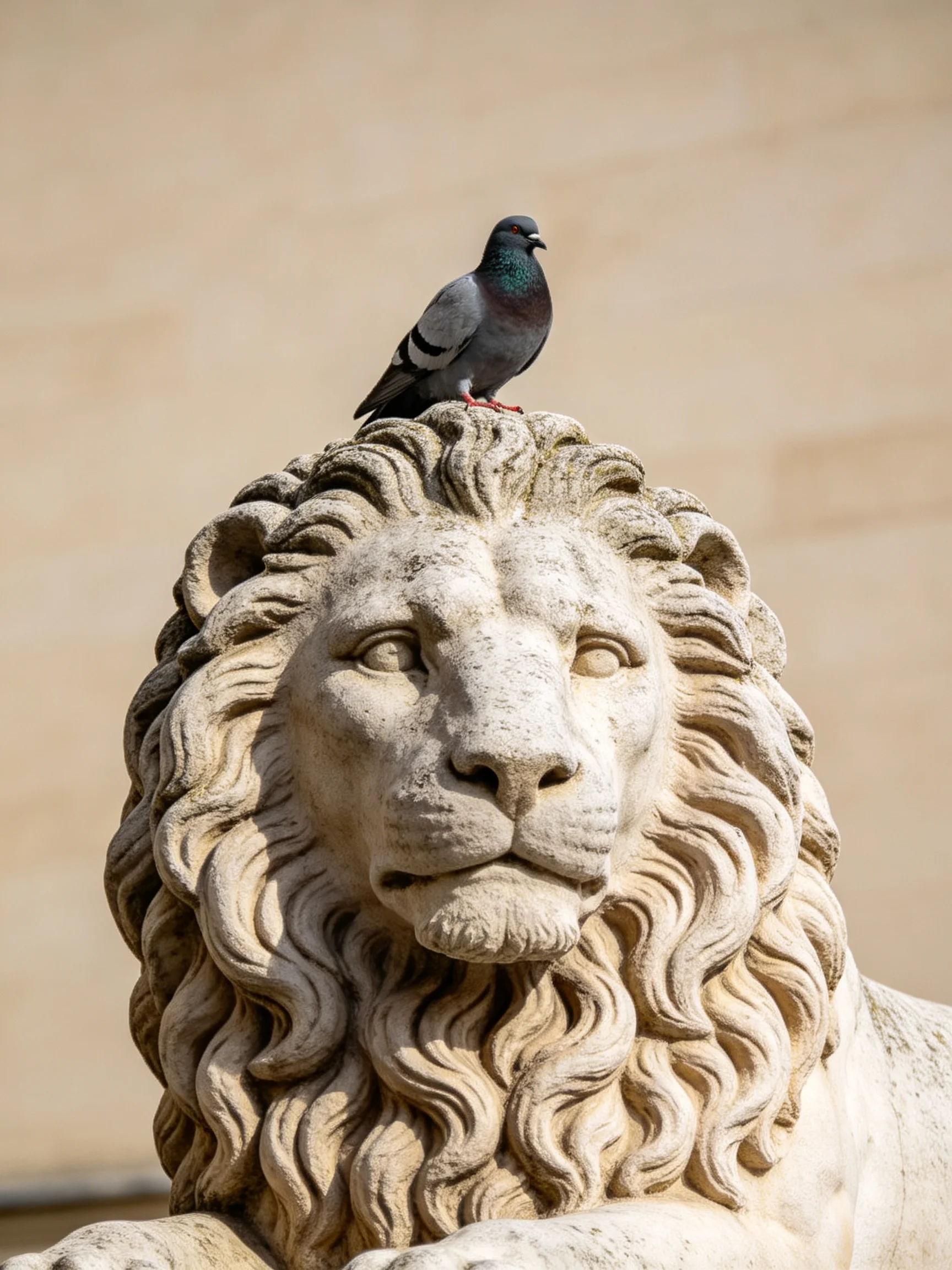 A gray pigeon perches on a detailed stone lion sculpture