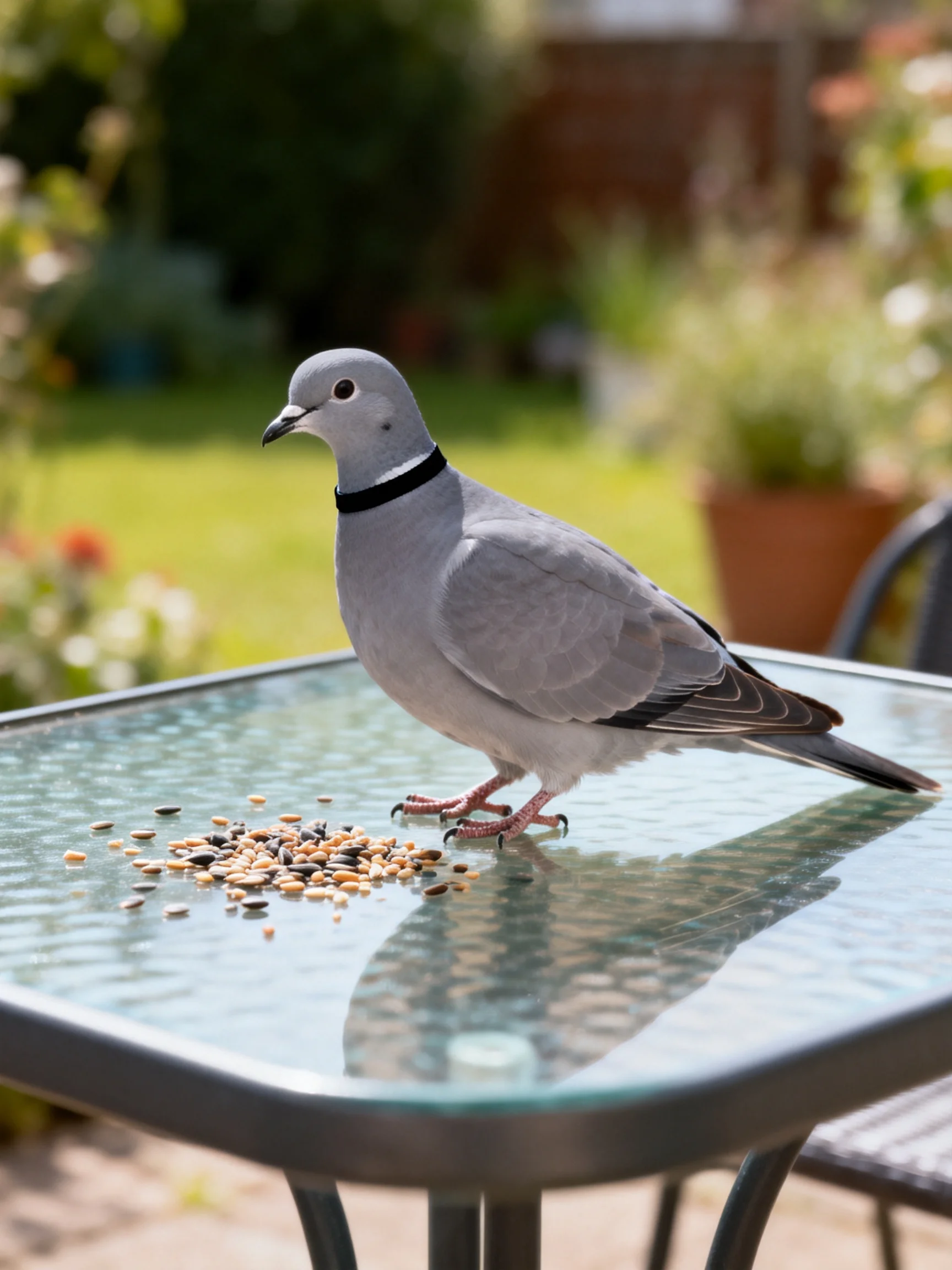 A gray pigeon perches on a glass patio table with birdseed