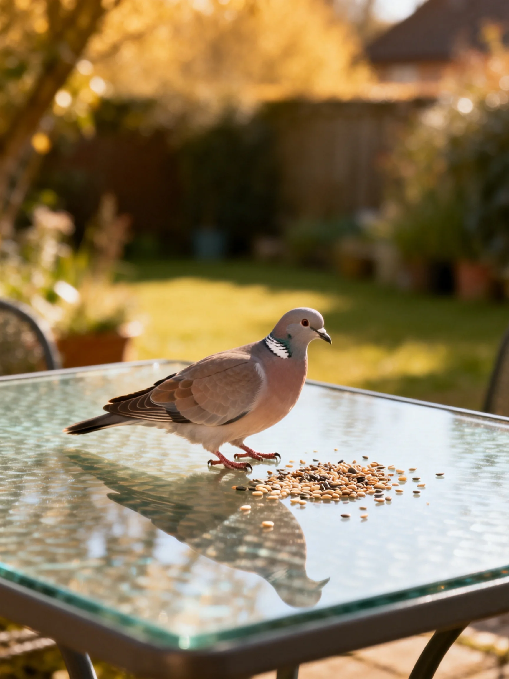 A gray pigeon perches on a glass patio table with scattered seeds