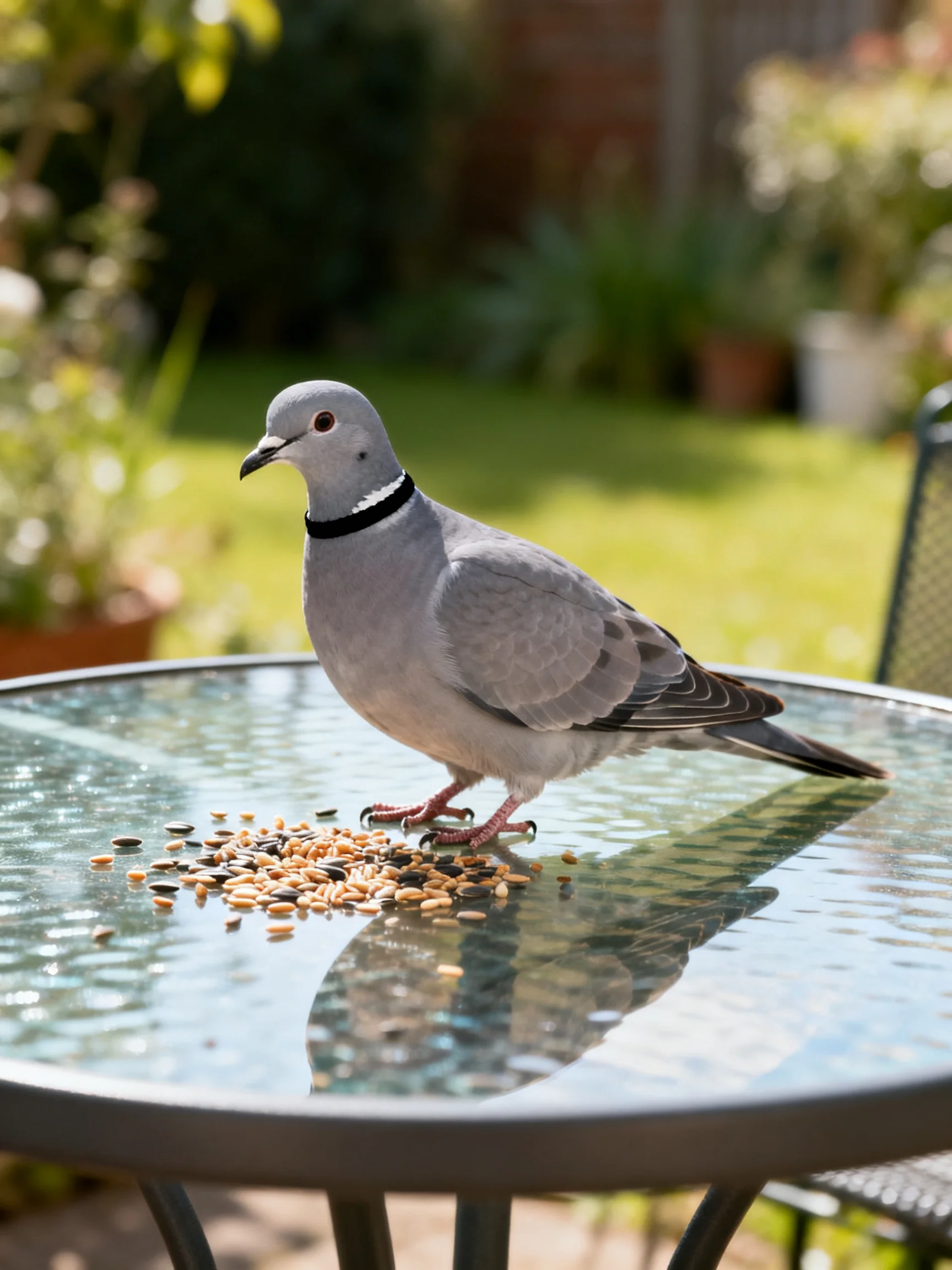 A gray pigeon perches on a glass table with scattered birdseed