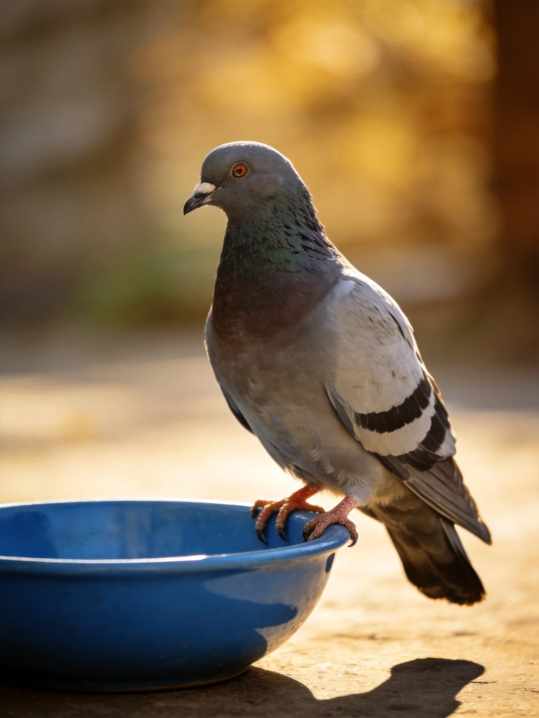 A gray pigeon perches on a glossy blue bowl in golden light