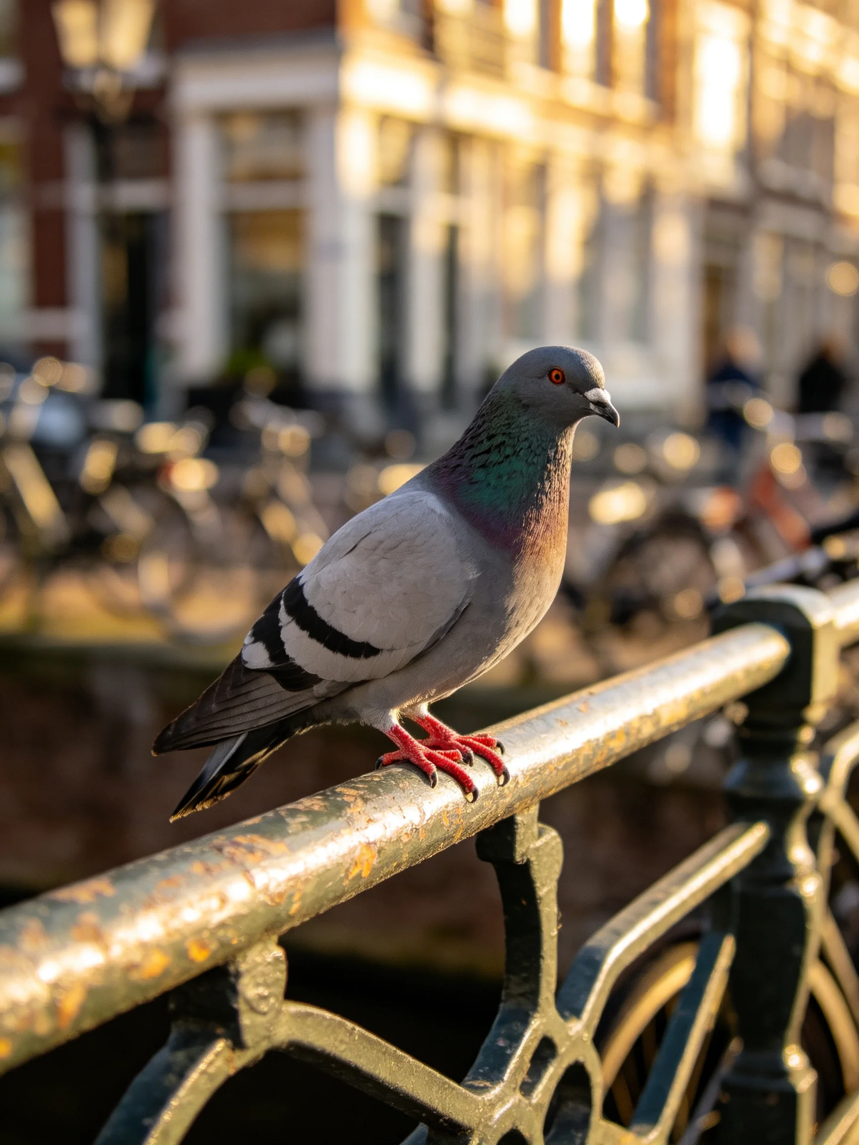 A gray pigeon perches on a golden, ornate railing near bicycles