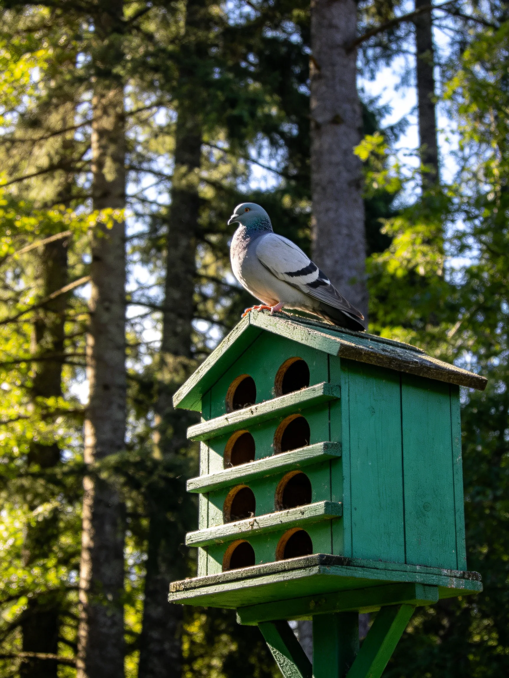 A gray pigeon perches on a green multi-compartment birdhouse
