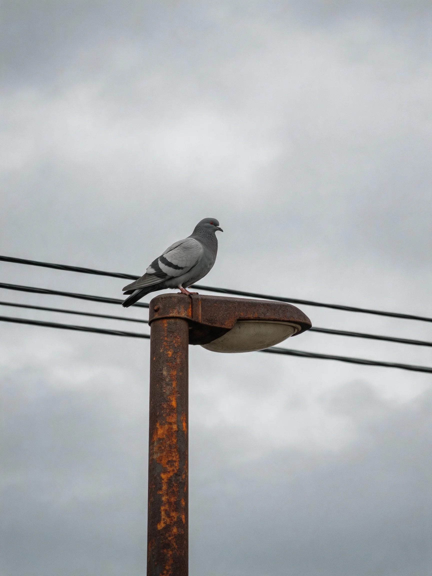 A pigeon sits on a rusted streetlight against a cloudy sky