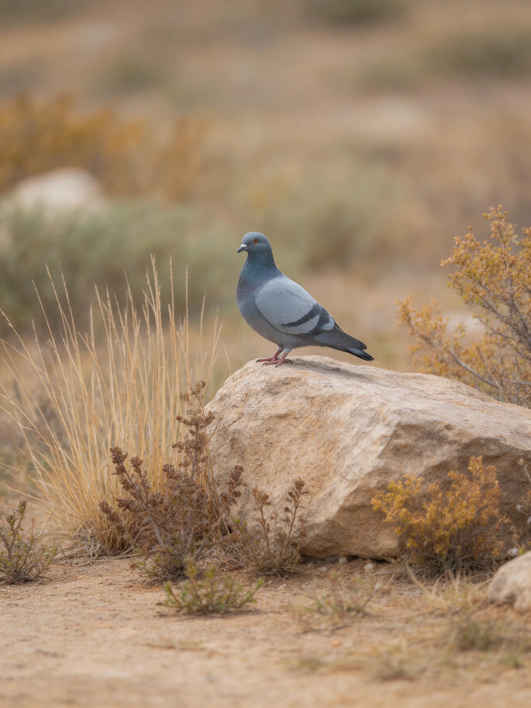 A gray pigeon perches on a large beige rock amid dry vegetation