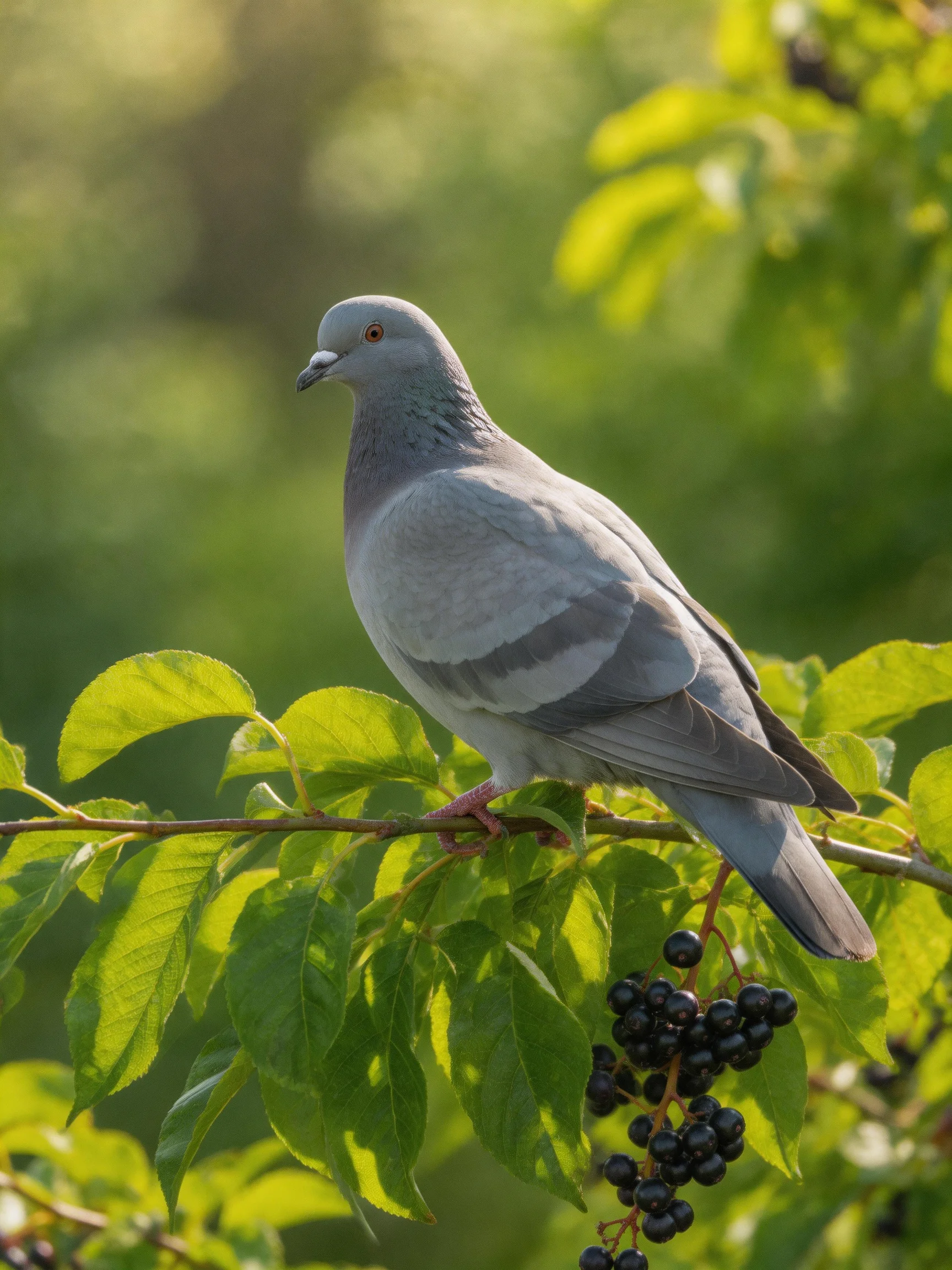 A gray pigeon perches on a leafy branch with dark berries