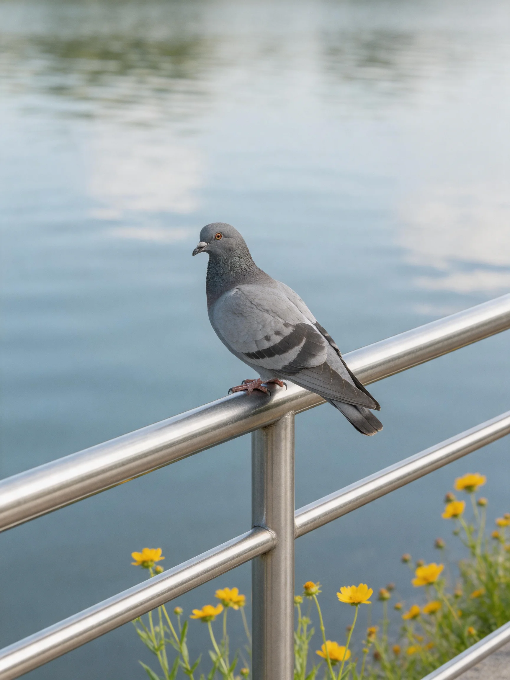 A gray pigeon perches on a metallic railing by calm water with yellow blooms