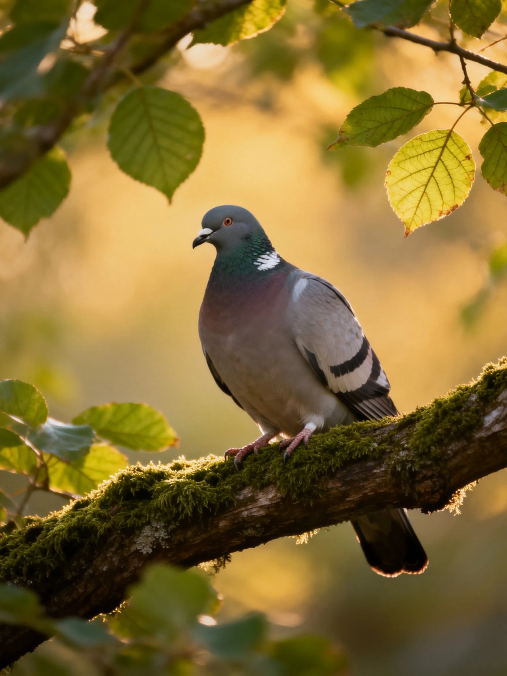 A gray pigeon perches on a moss-covered branch amid green foliage