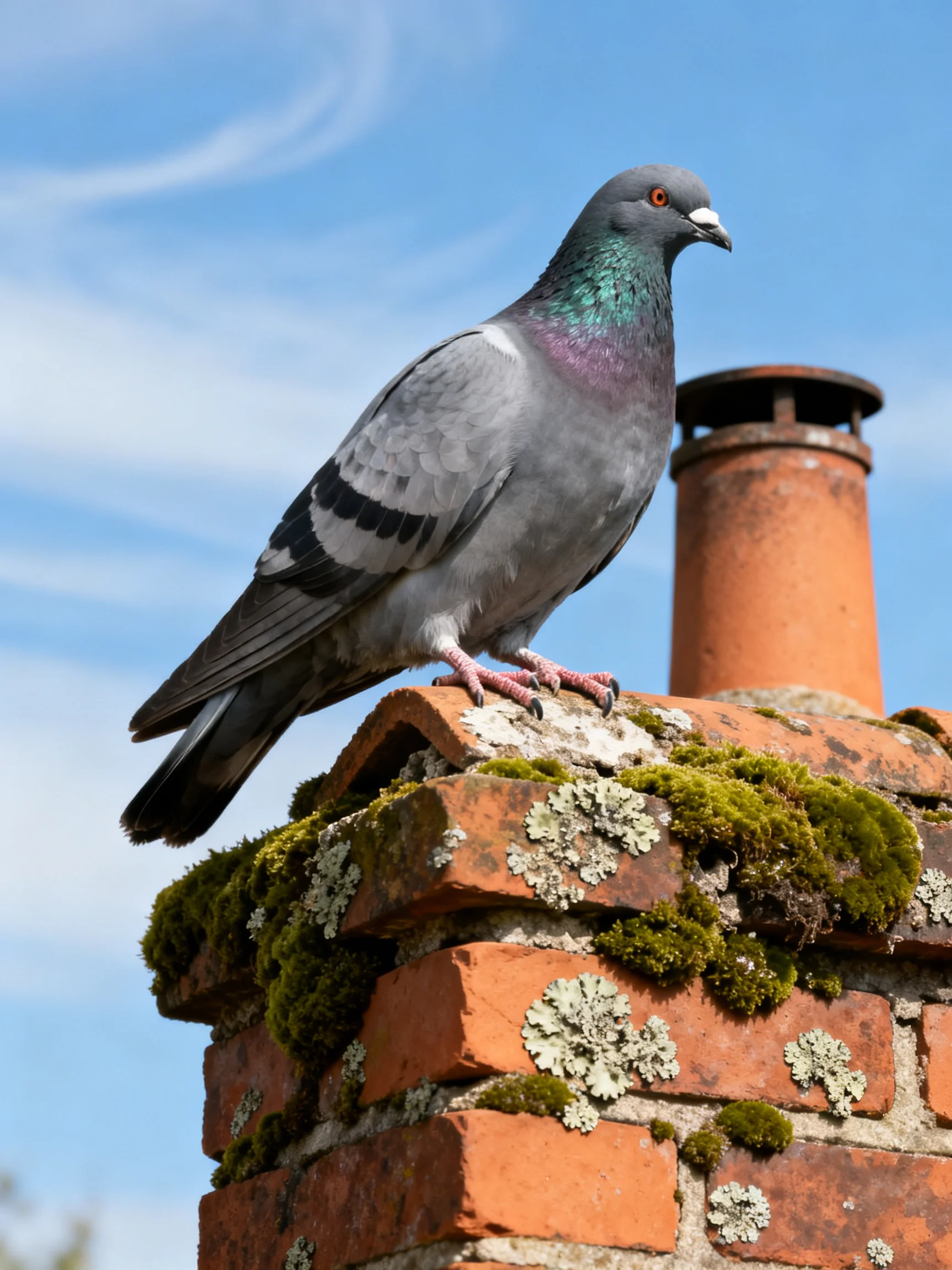 A gray pigeon perches on a moss-covered brick chimney