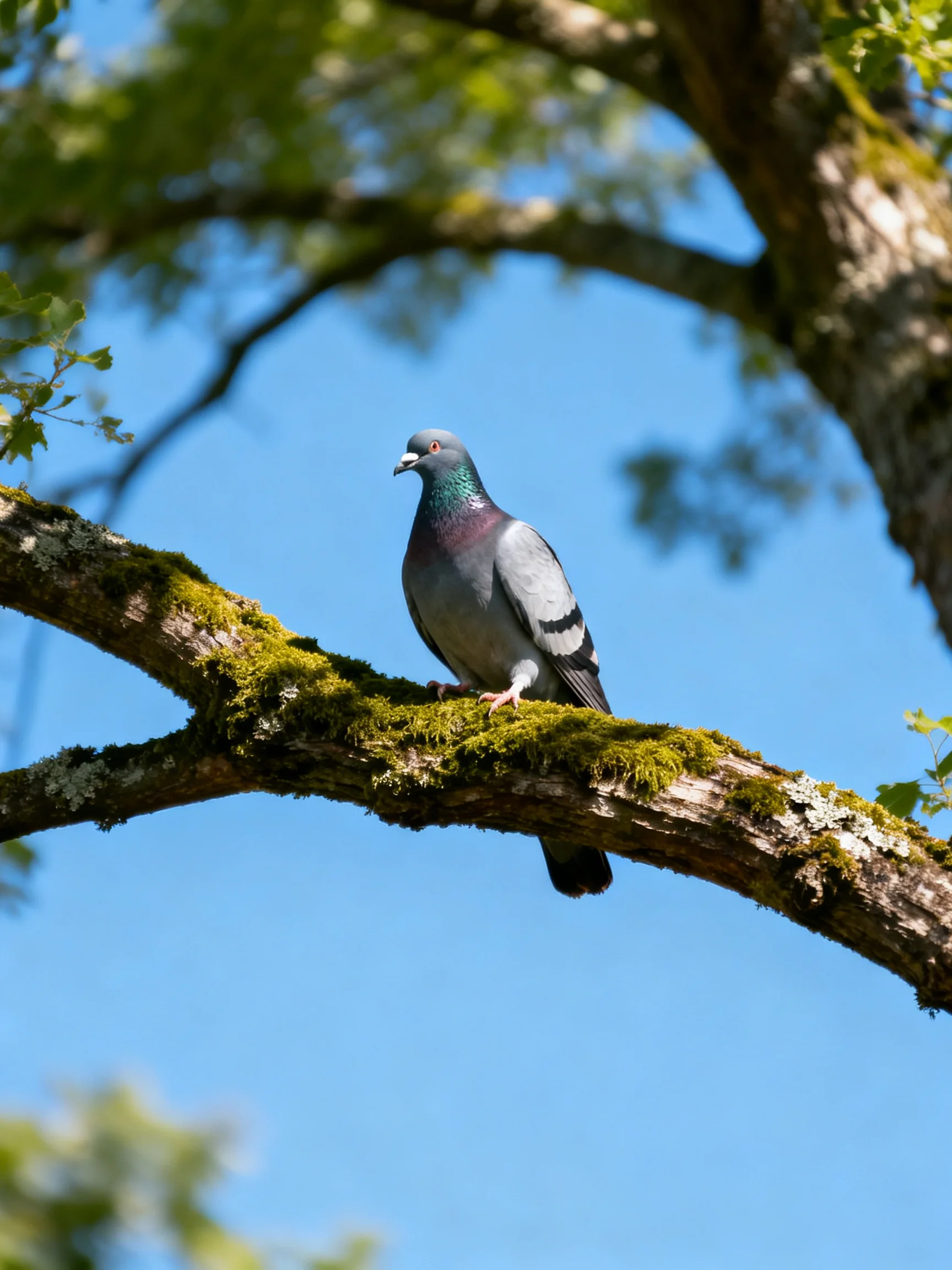 A gray pigeon perches on a moss-covered tree branch under a clear blue sky