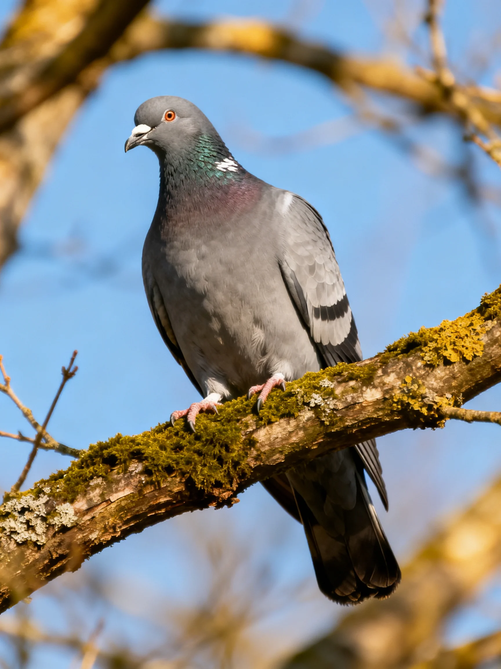 A gray pigeon perches on a moss-covered tree branch