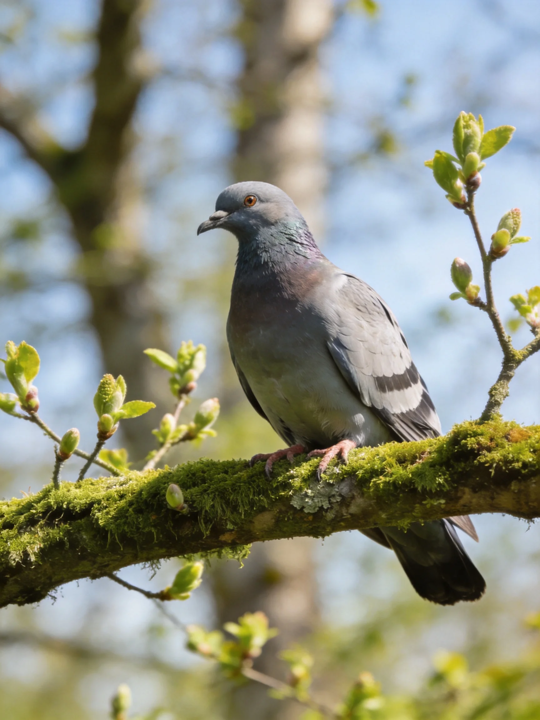 A gray pigeon perches on a moss-covered tree branch with budding green leaves