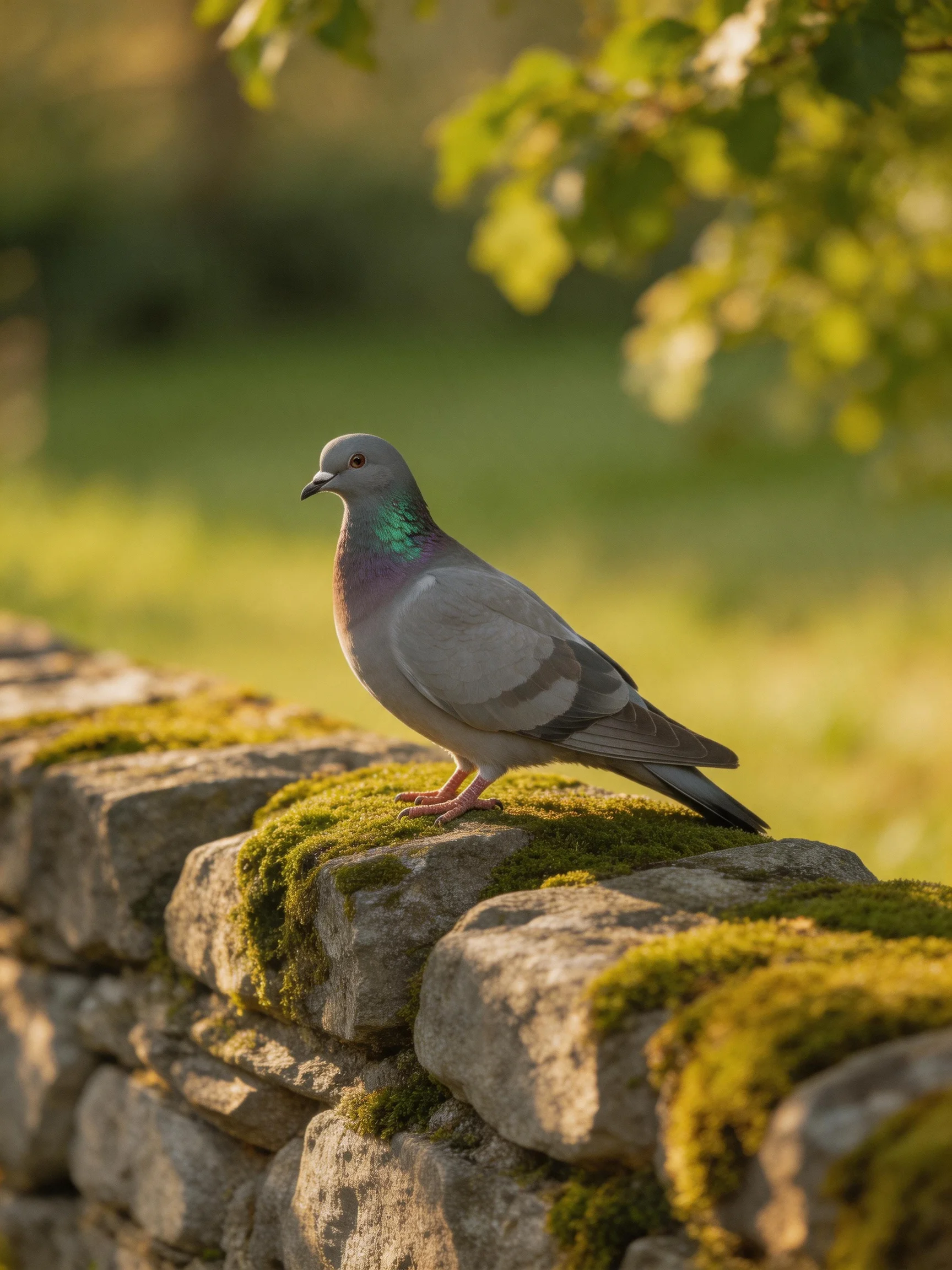 A gray pigeon perches on a moss-draped stone wall with green foliage.