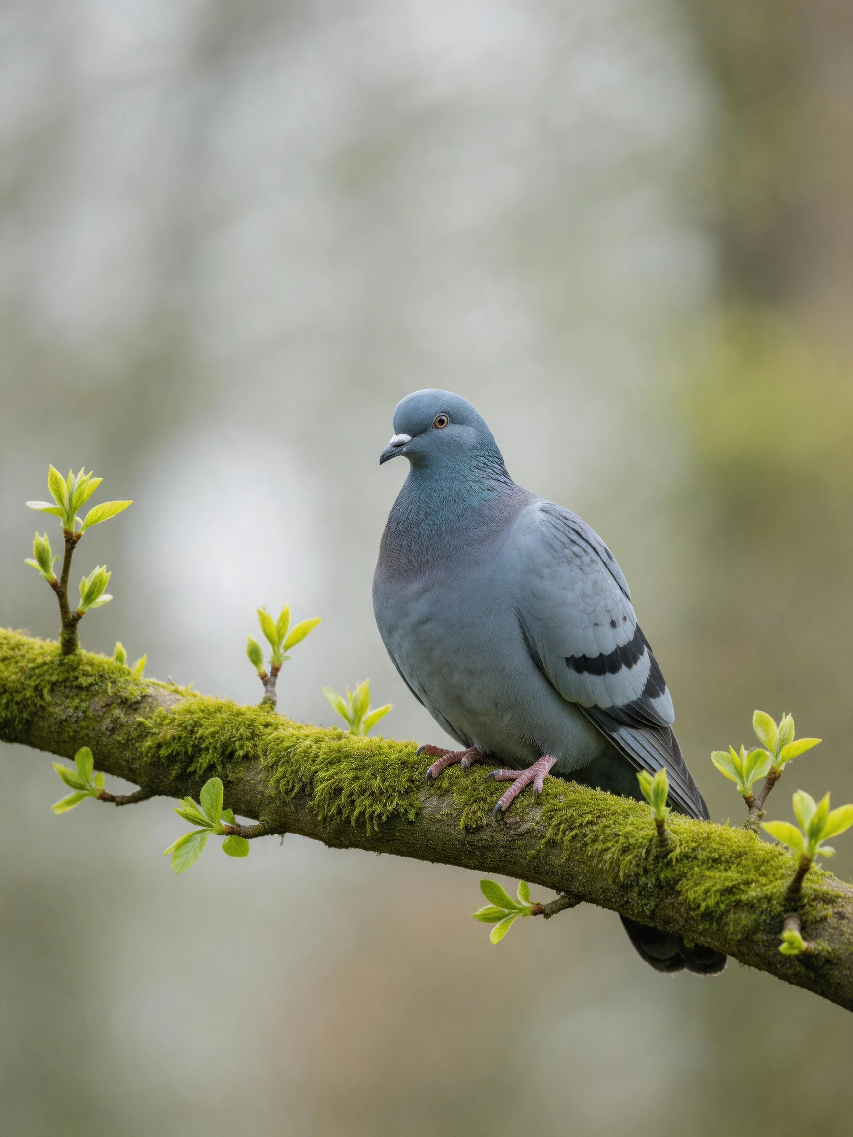 A gray pigeon perches on a moss-laden branch with budding foliage