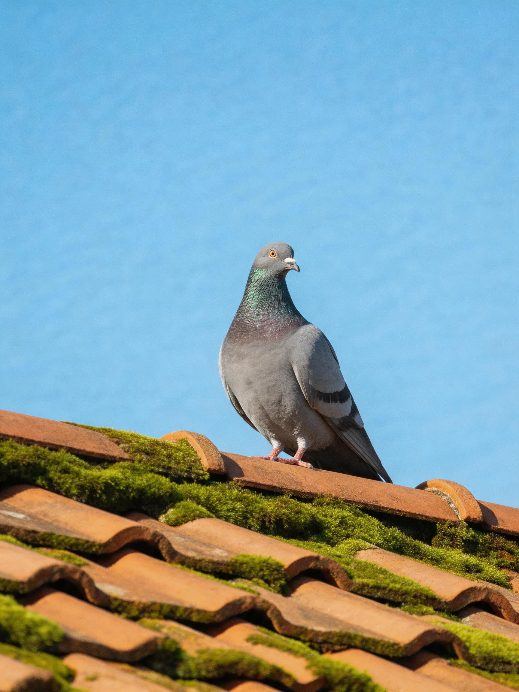 A gray pigeon perches on a moss-laden terracotta roof beneath a clear blue sky