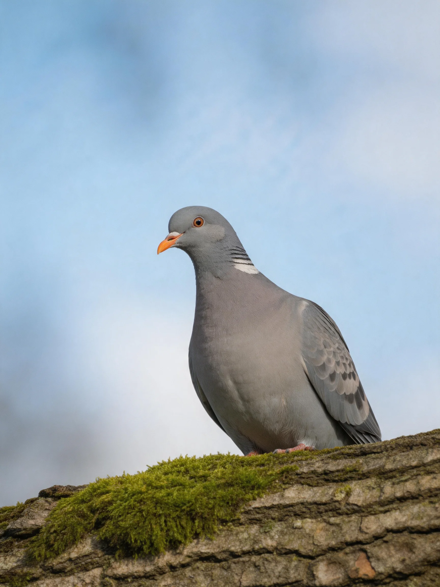 A gray pigeon perches on a moss-laden tree branch beneath a clear blue sky