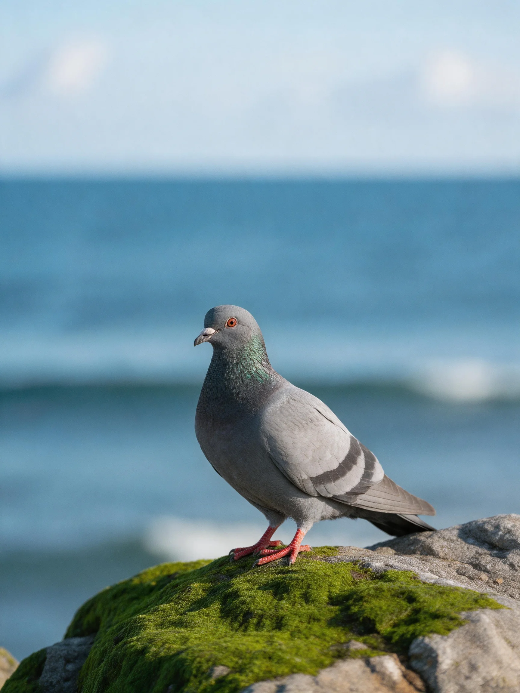 A gray pigeon perches on a mossy coastal rock by the sea