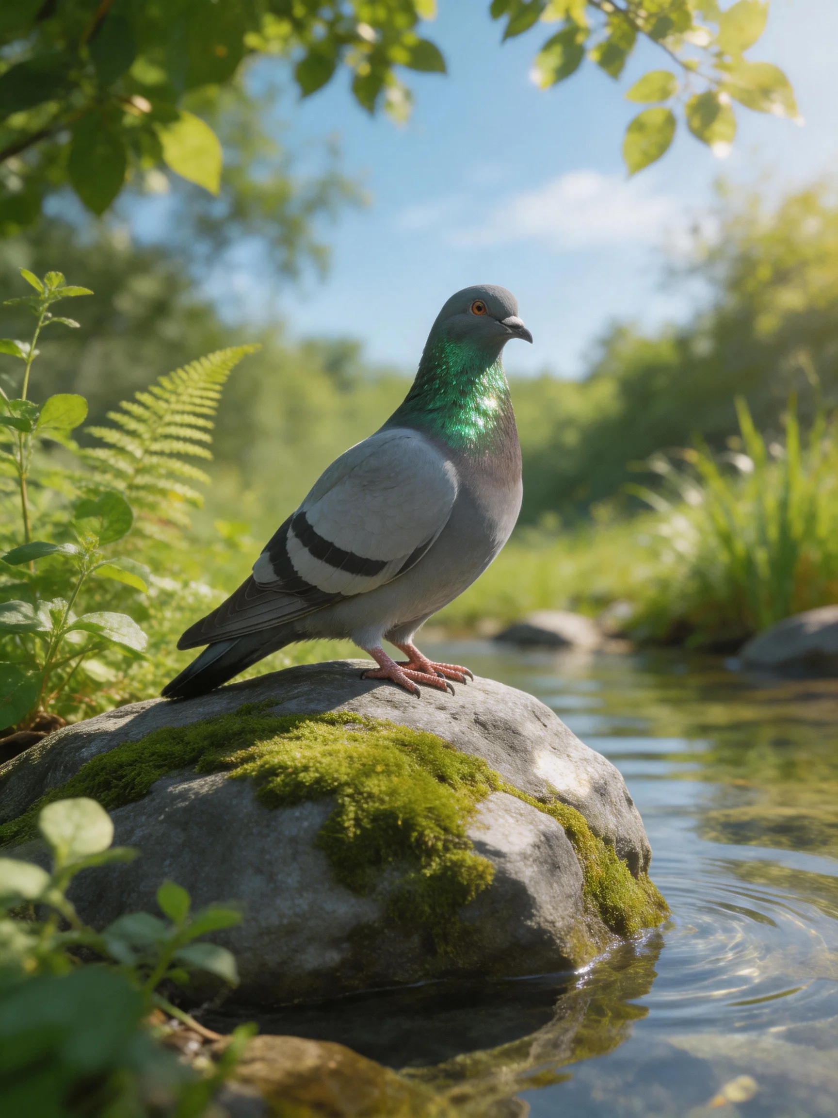 A gray pigeon perches on a mossy rock by a clear stream