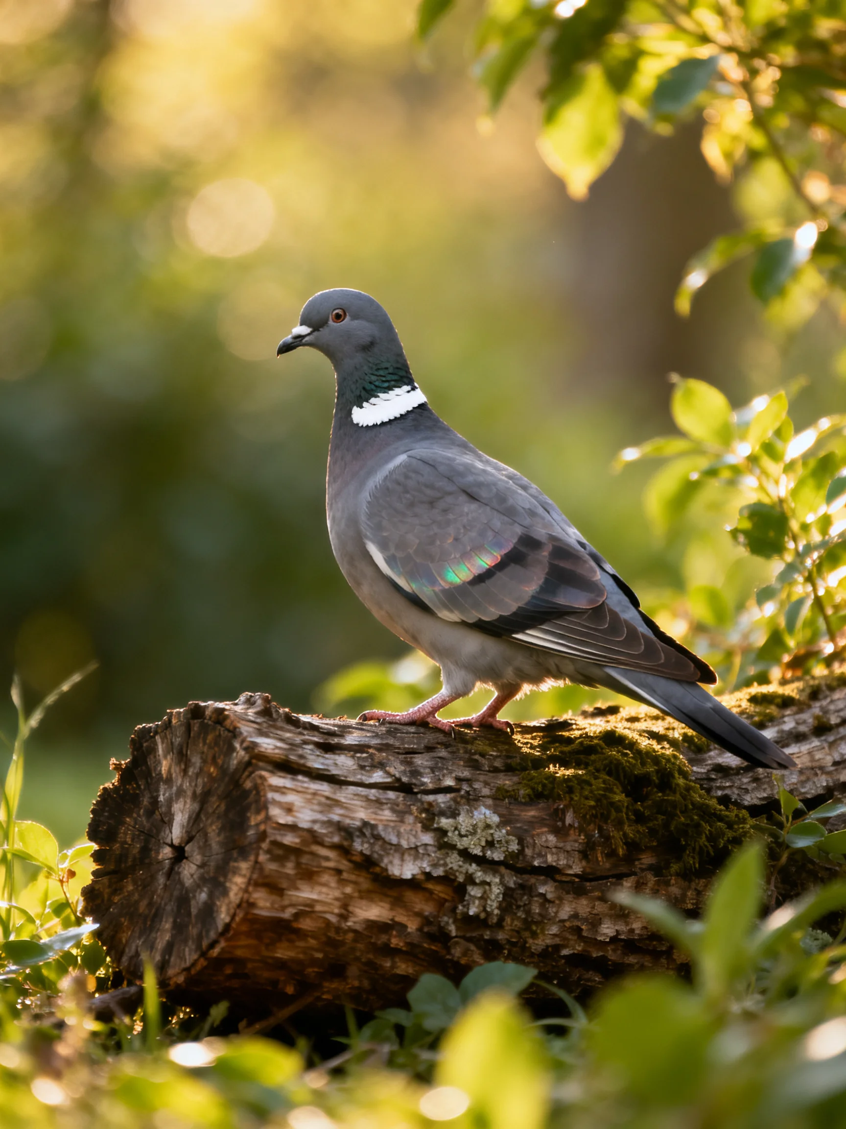 A gray pigeon perches on a mossy wooden log amid lush greenery