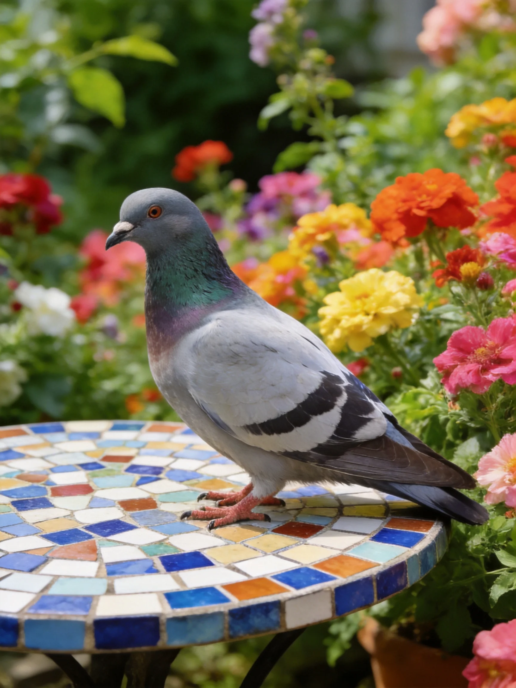 A gray pigeon perches on a multicolored mosaic table among bright blooms