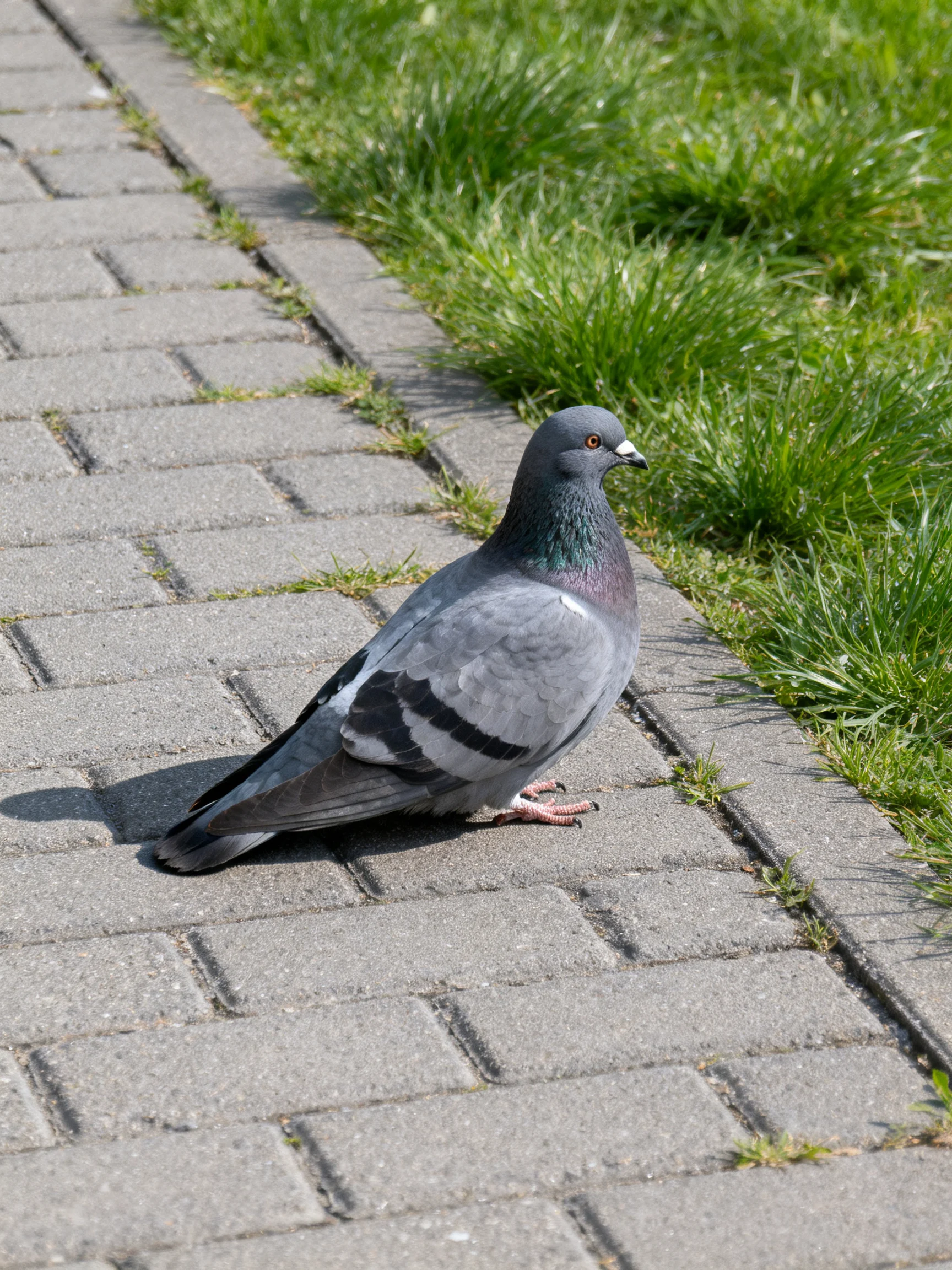 A gray pigeon perches on a paved walkway beside lush green grass
