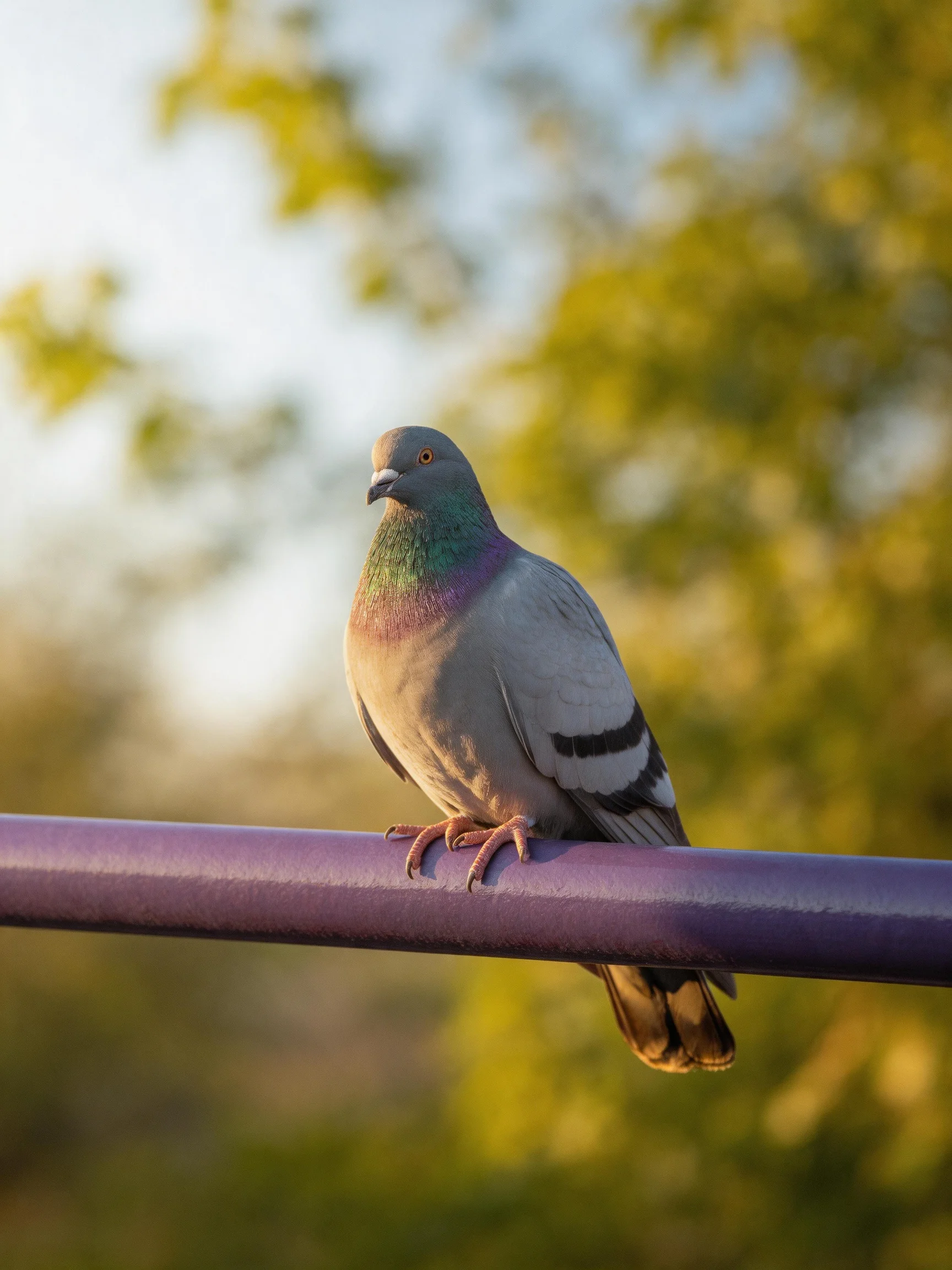 A gray pigeon perches on a purple metal bar near golden foliage