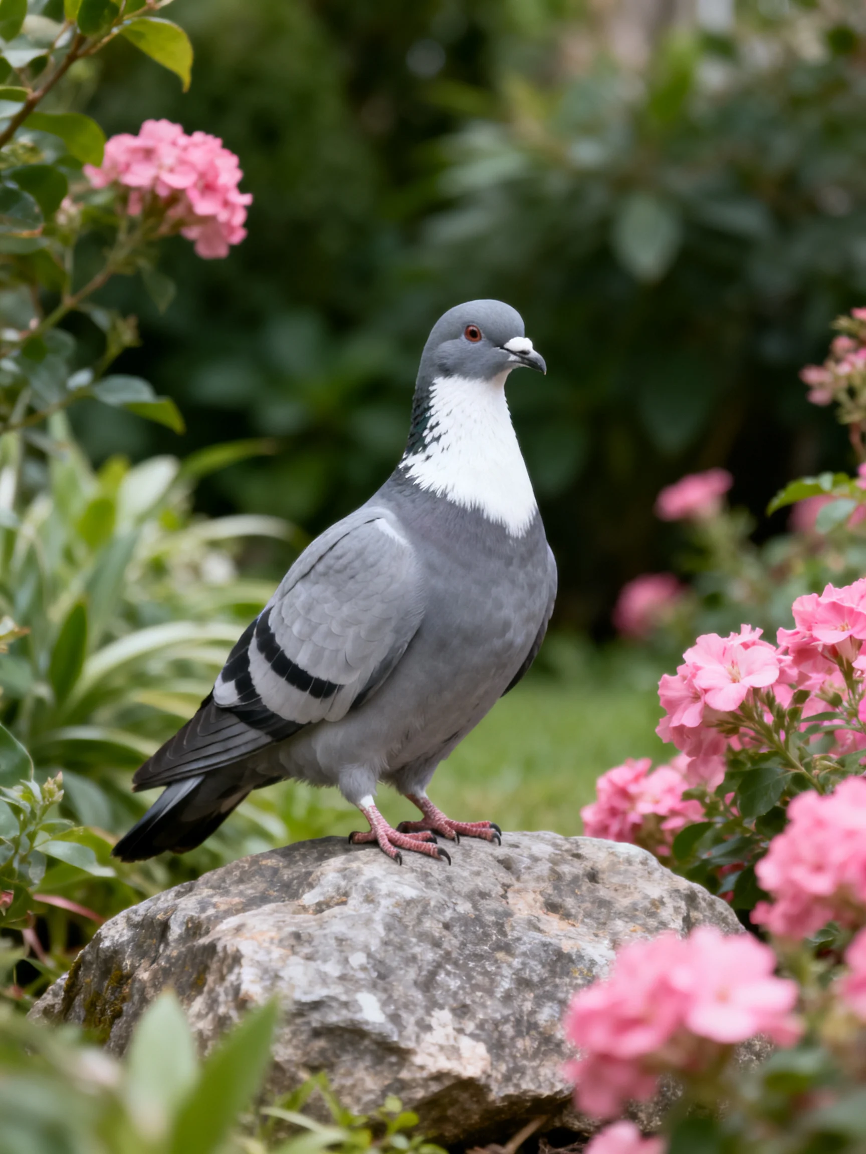 A gray pigeon rests on a rock among pink flowers in a garden.