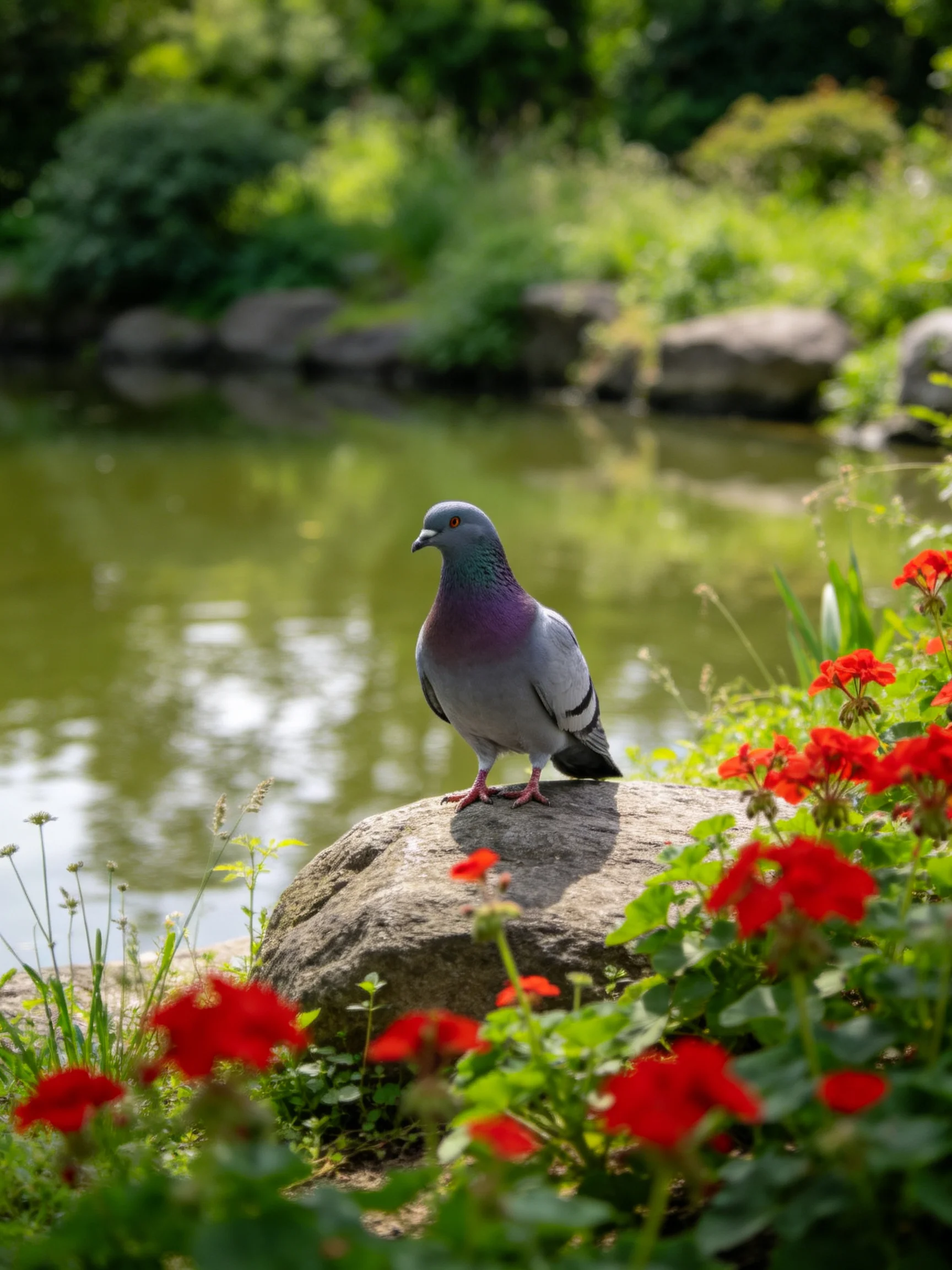 A gray pigeon perches on a rock near vibrant red flowers by calm water