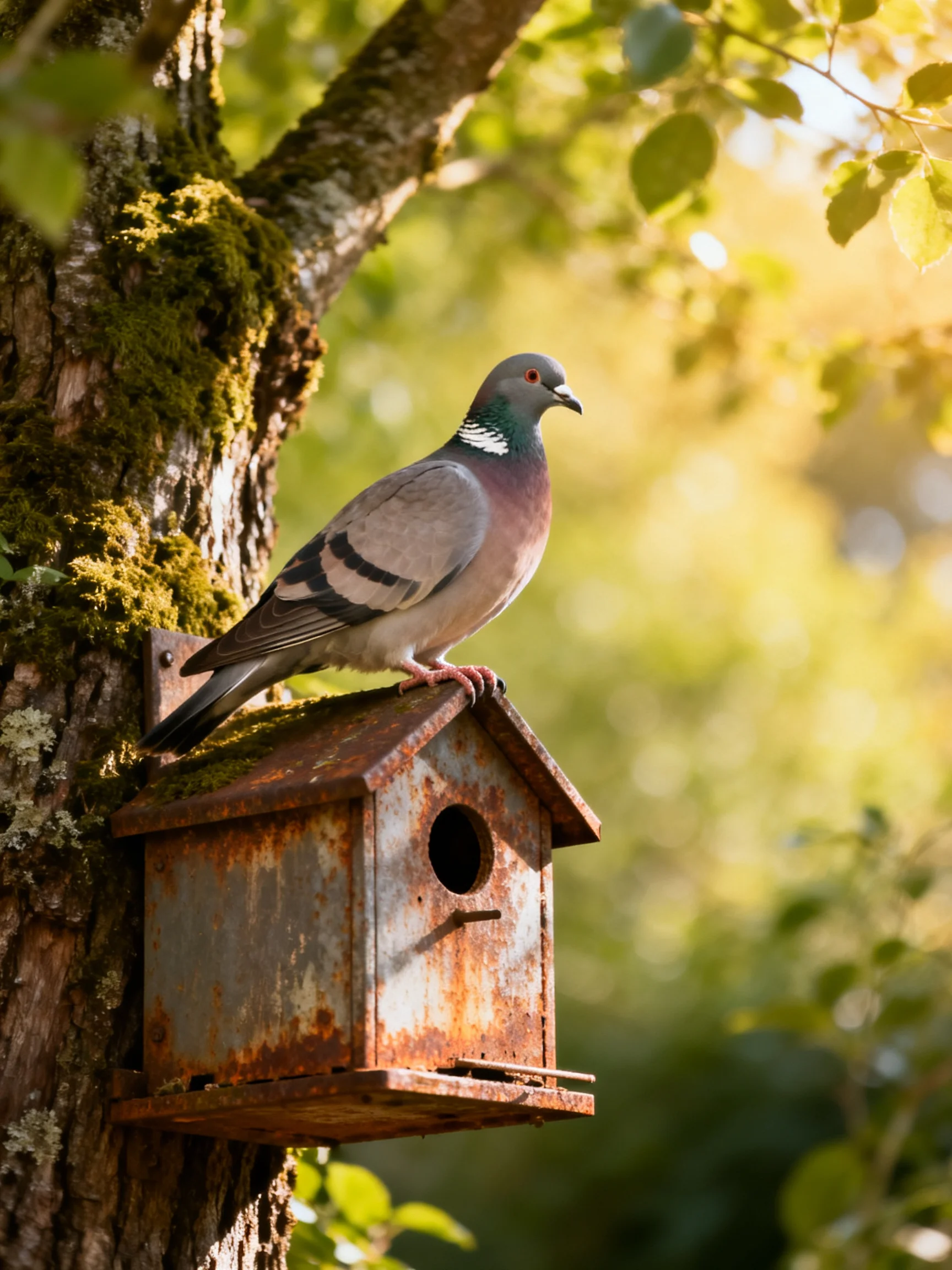 A gray pigeon perches on a rusted birdhouse near a moss-covered tree