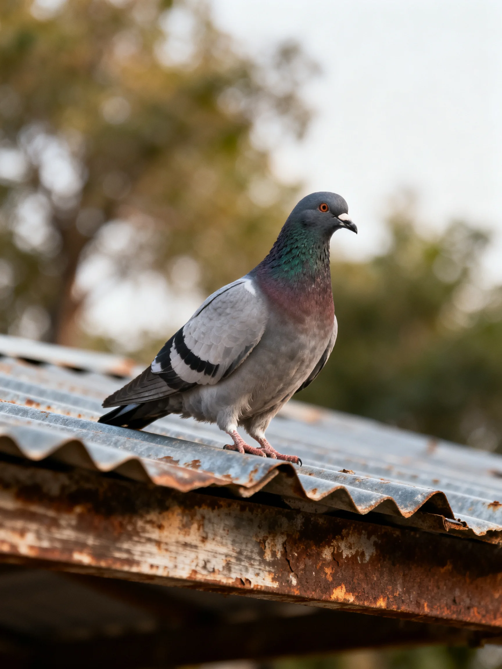 A gray pigeon perches on a rusted corrugated metal roof with blurred green trees