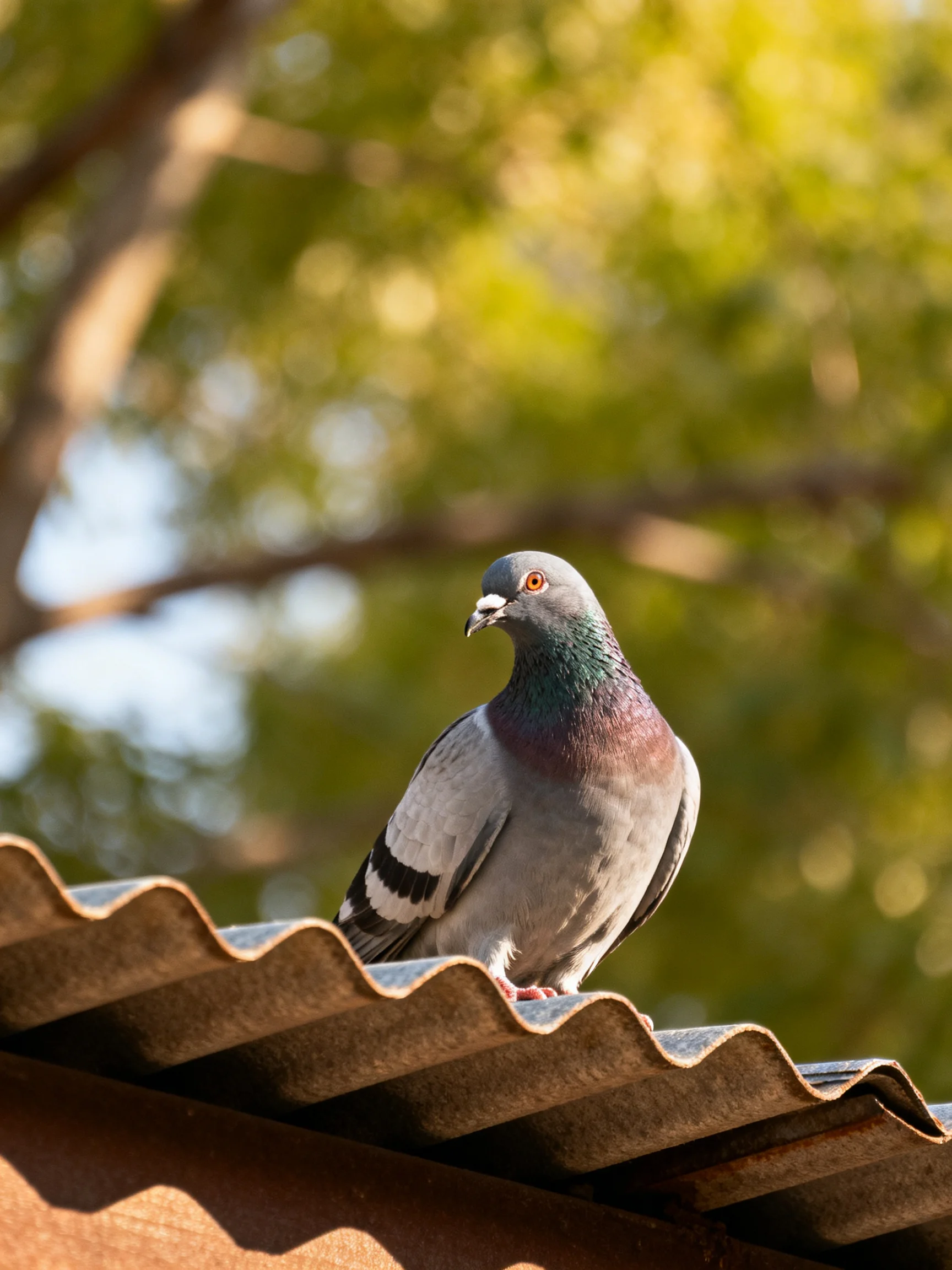 A gray pigeon perches on a rusted corrugated roof near green foliage