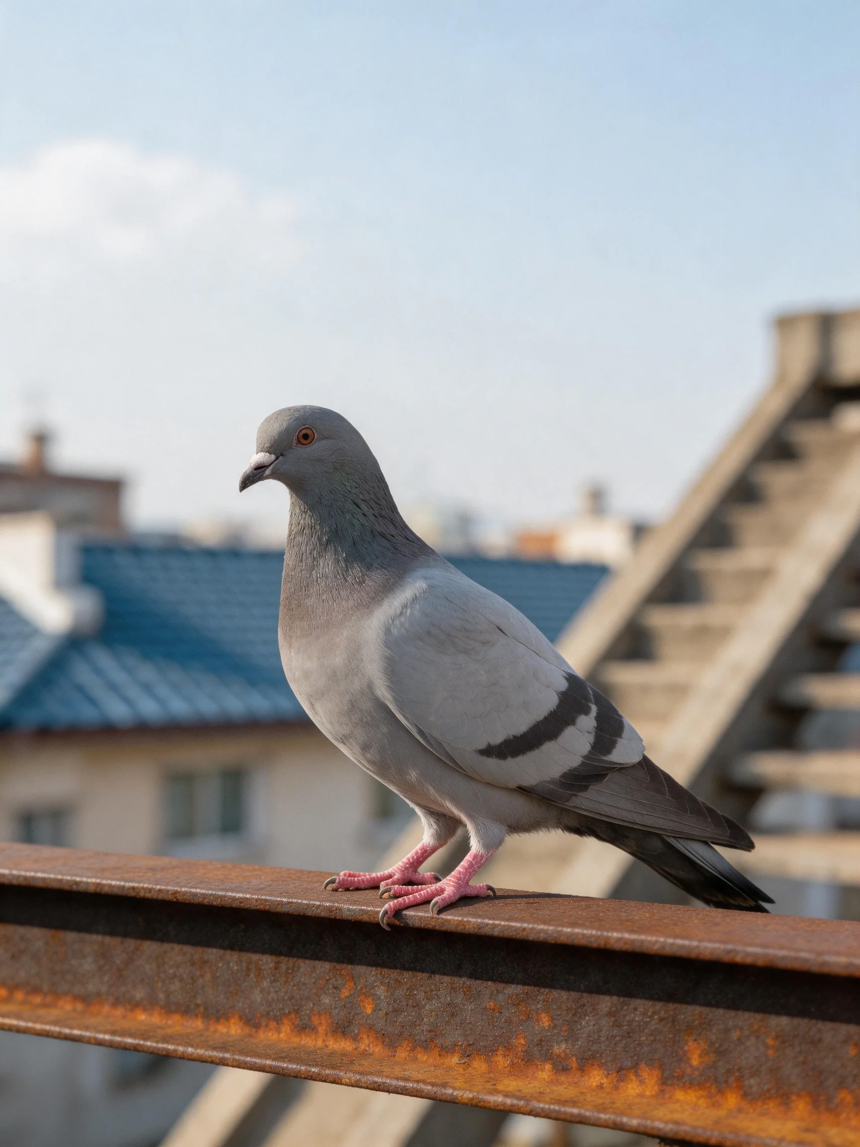 A gray pigeon perches on a rusted metal beam near urban structures