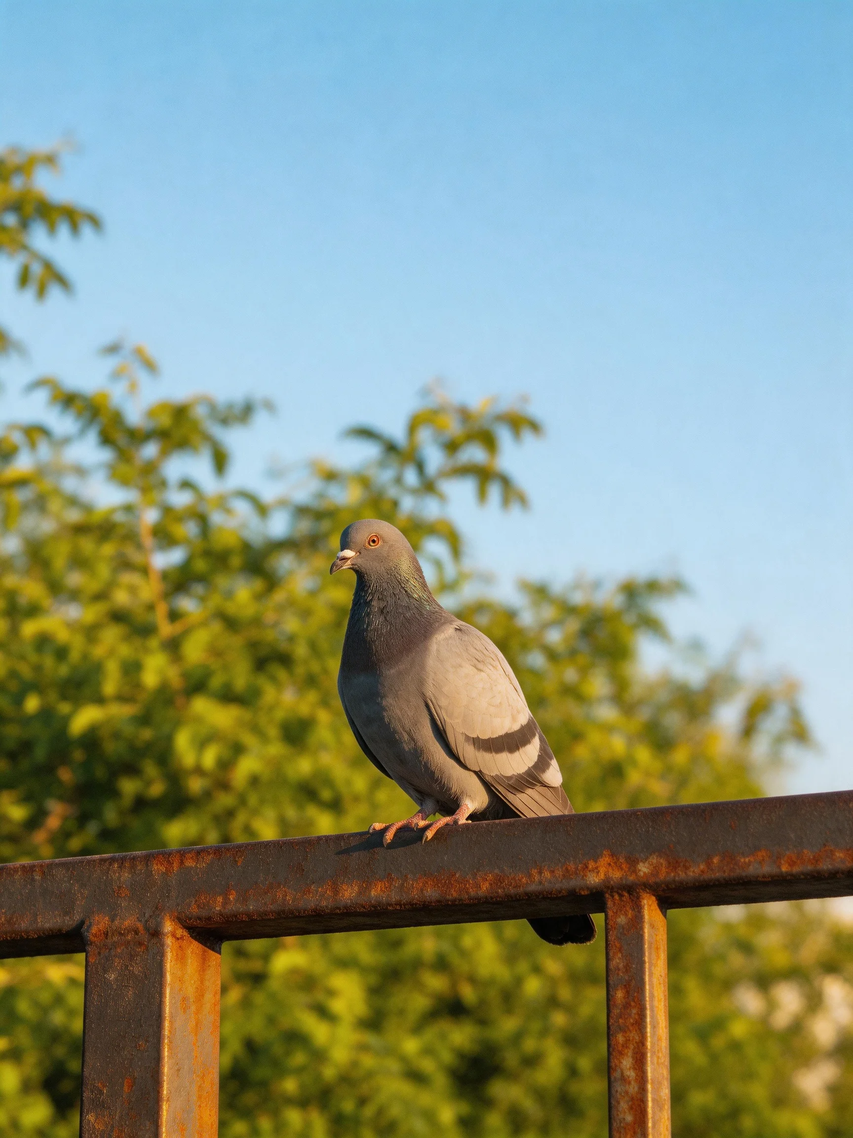 A gray pigeon perches on a rusted metal railing beside lush green trees