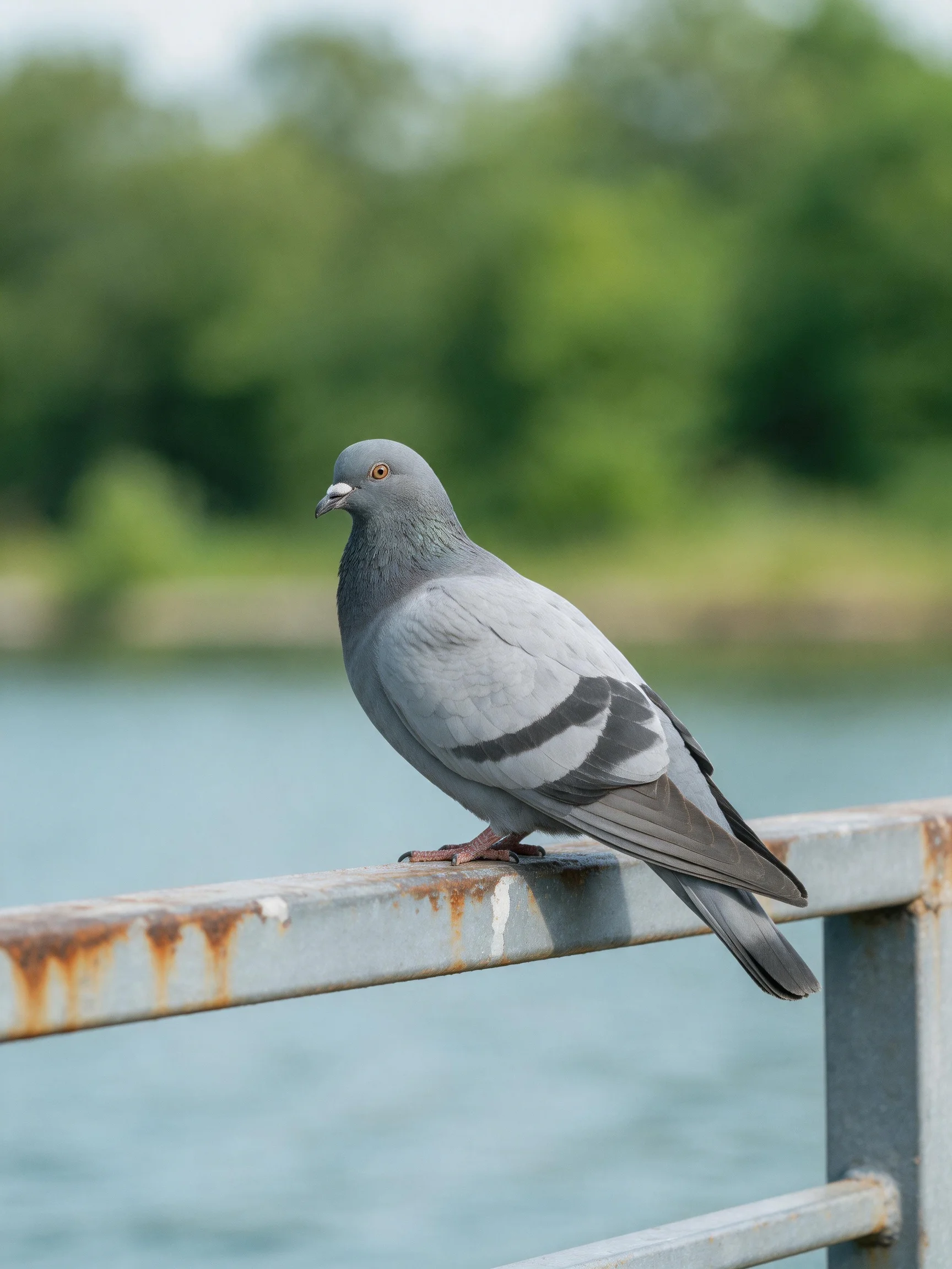A gray pigeon perches on a rusted metal railing by calm water