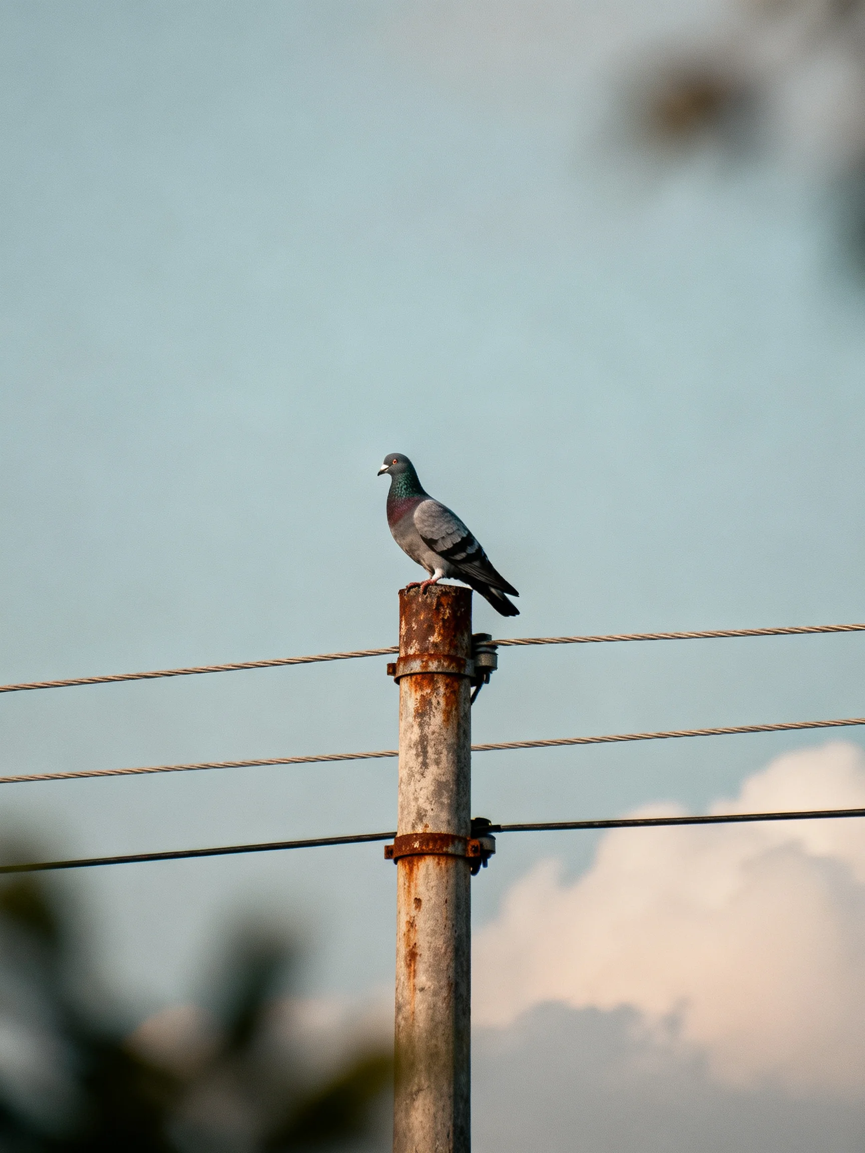 A gray pigeon perches on a rusted utility pole near power lines