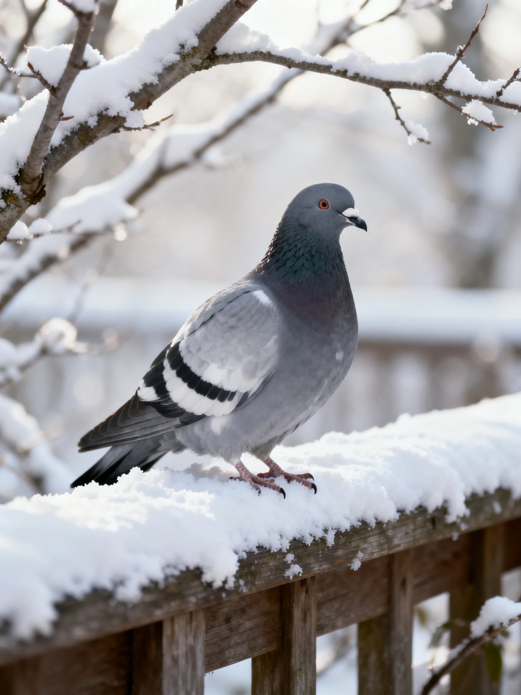 A gray pigeon perches on a snow - covered wooden fence amid snowy branches