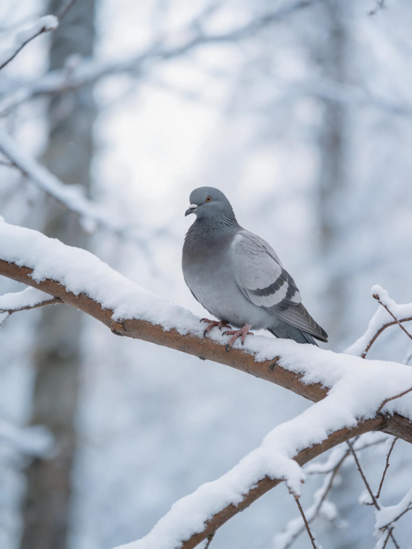 A gray pigeon perches on a snow - laden tree branch in a wintry forest