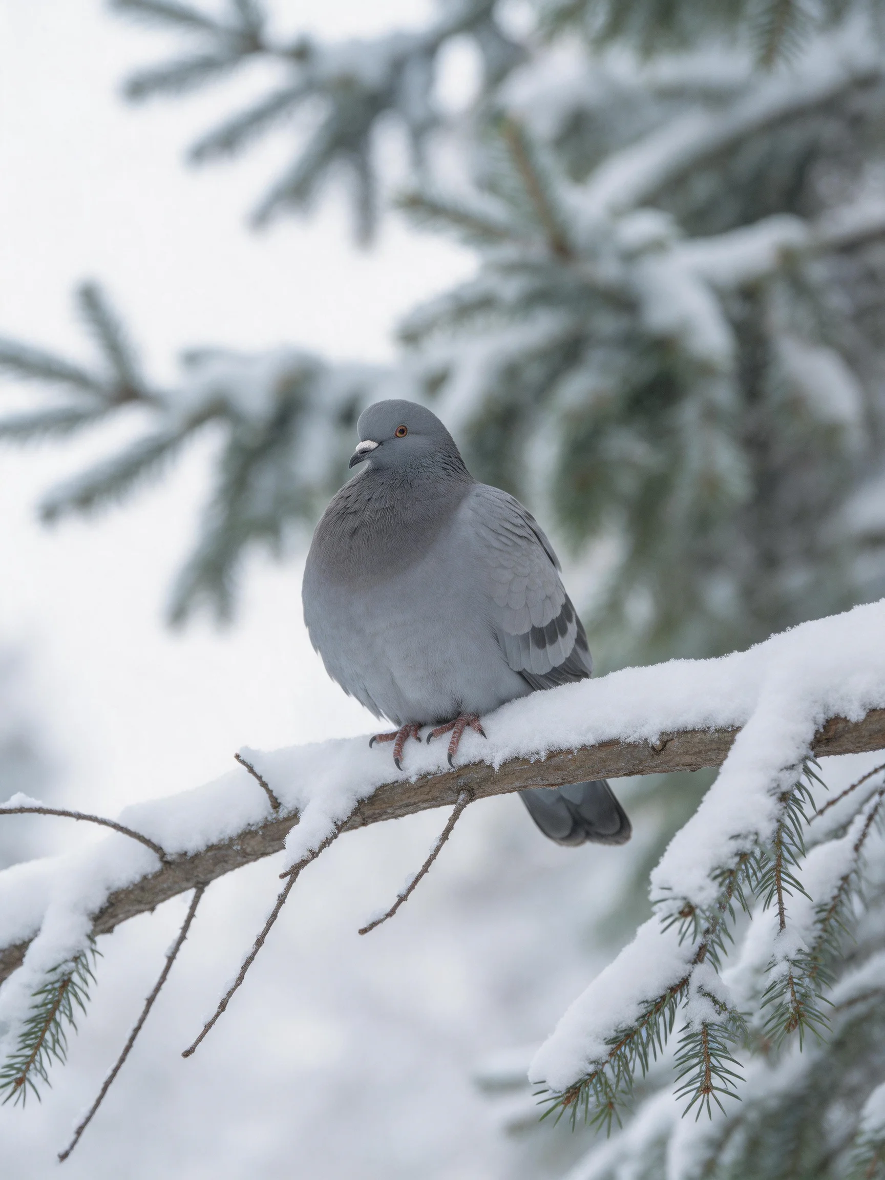 A gray pigeon perches on a snow-dusted pine branch