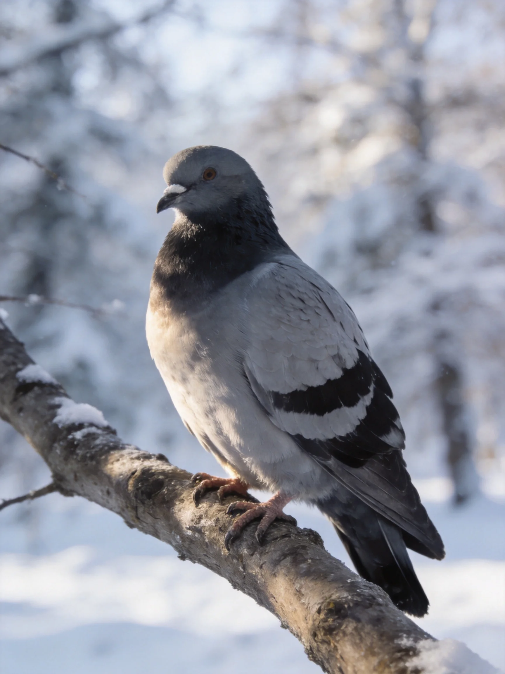 A gray pigeon perches on a snow-dusted tree branch in winter