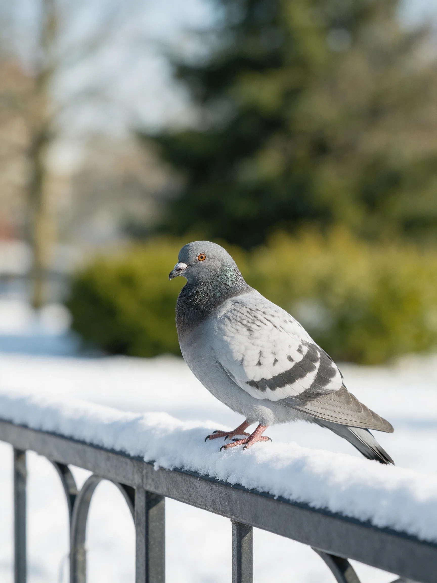 A gray pigeon perches on a snow-laden metal railing