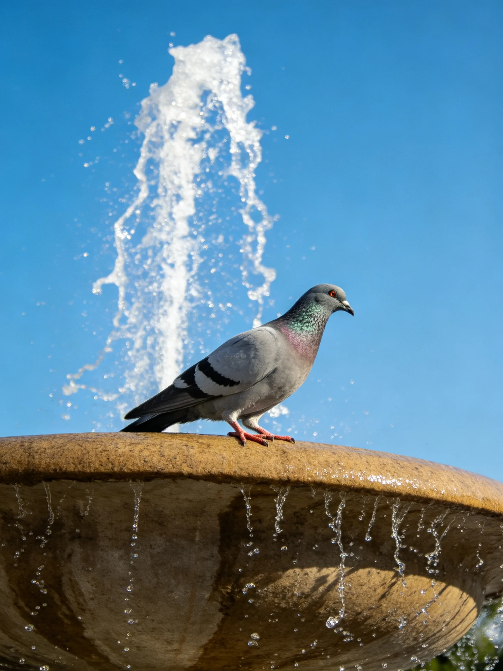 A gray pigeon perches on a stone fountain with spraying water