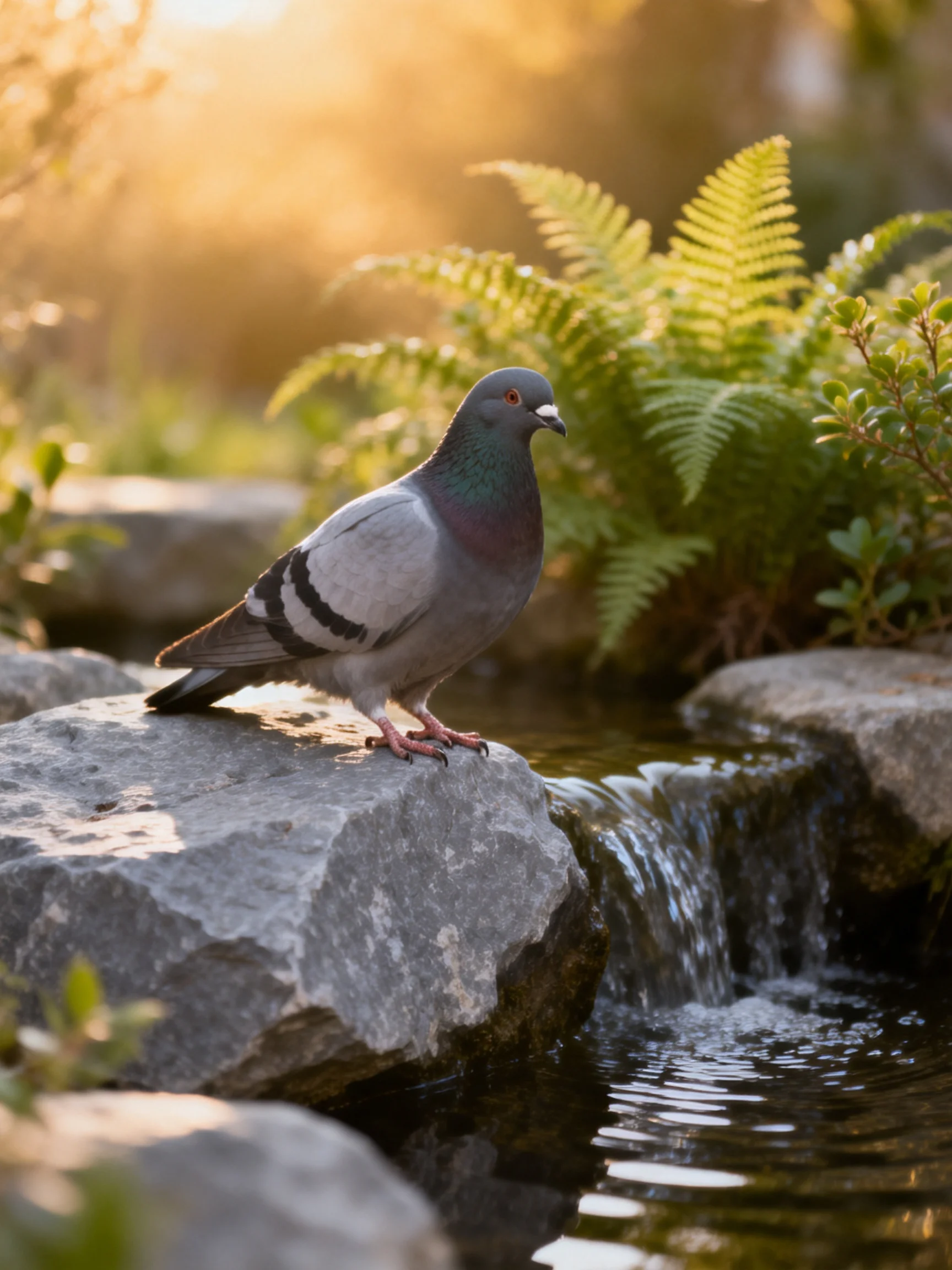 A gray pigeon rests on a rock by a small waterfall in a lush setting.