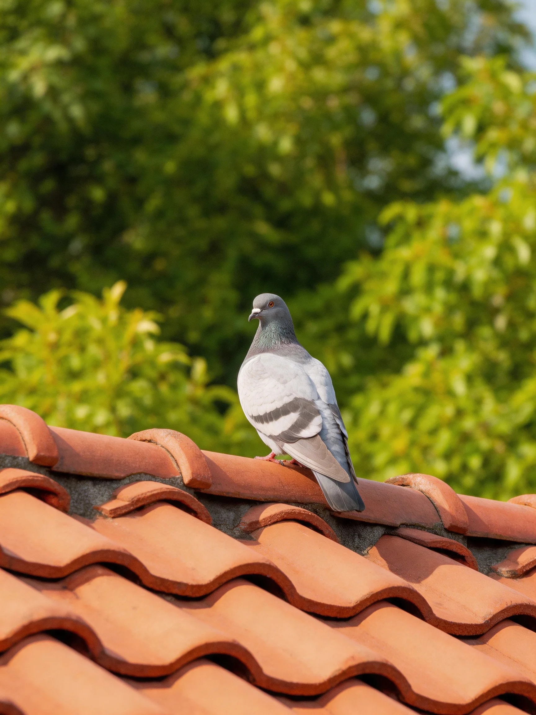 A gray pigeon perches on a terracotta-tiled roof with lush green foliage