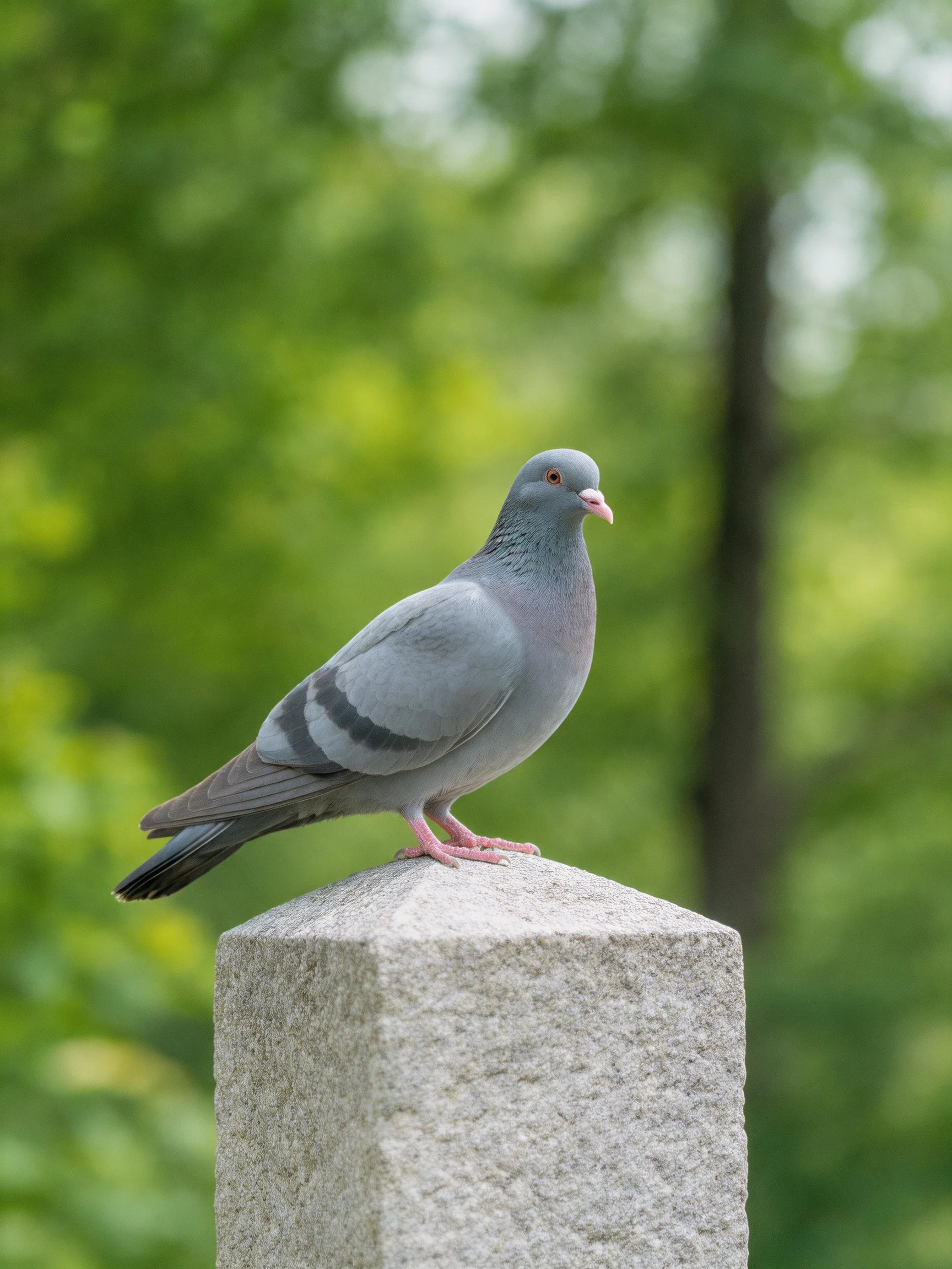 A gray pigeon perches on a textured stone post amid lush green foliage