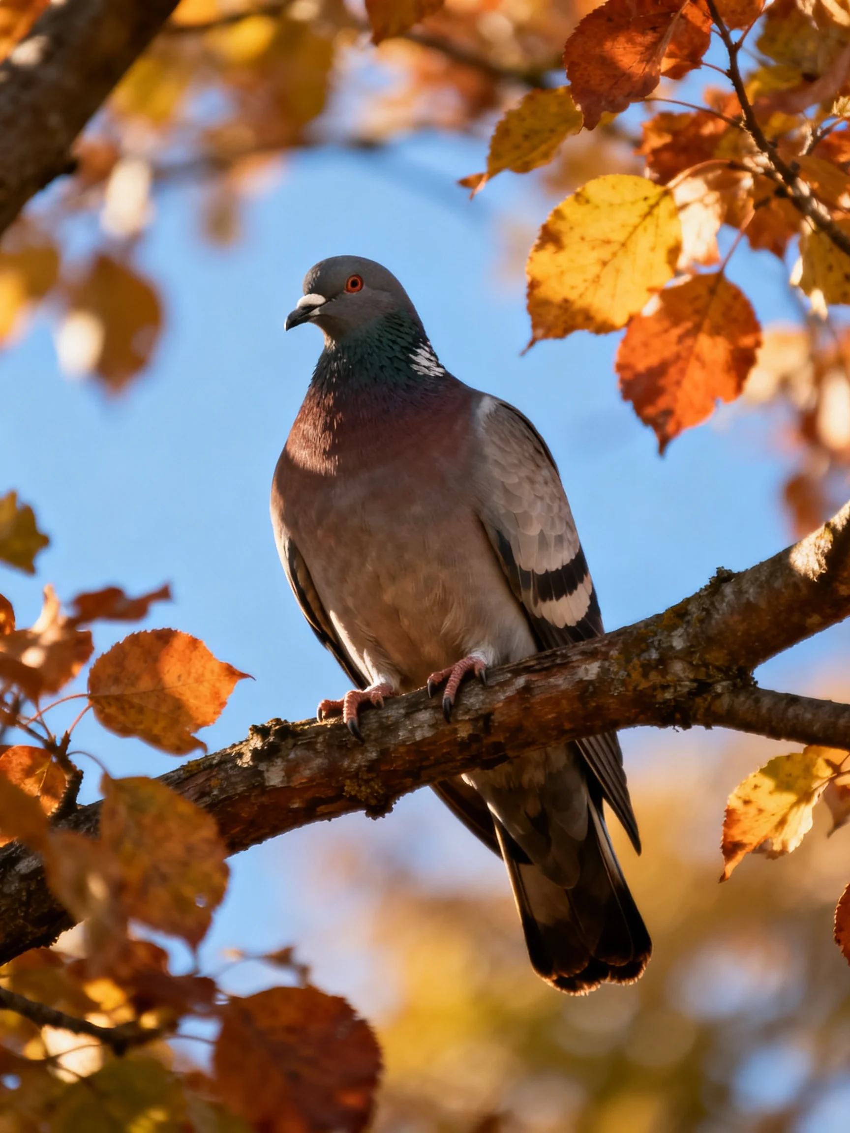A gray pigeon perches on a tree branch amid autumn-colored leaves
