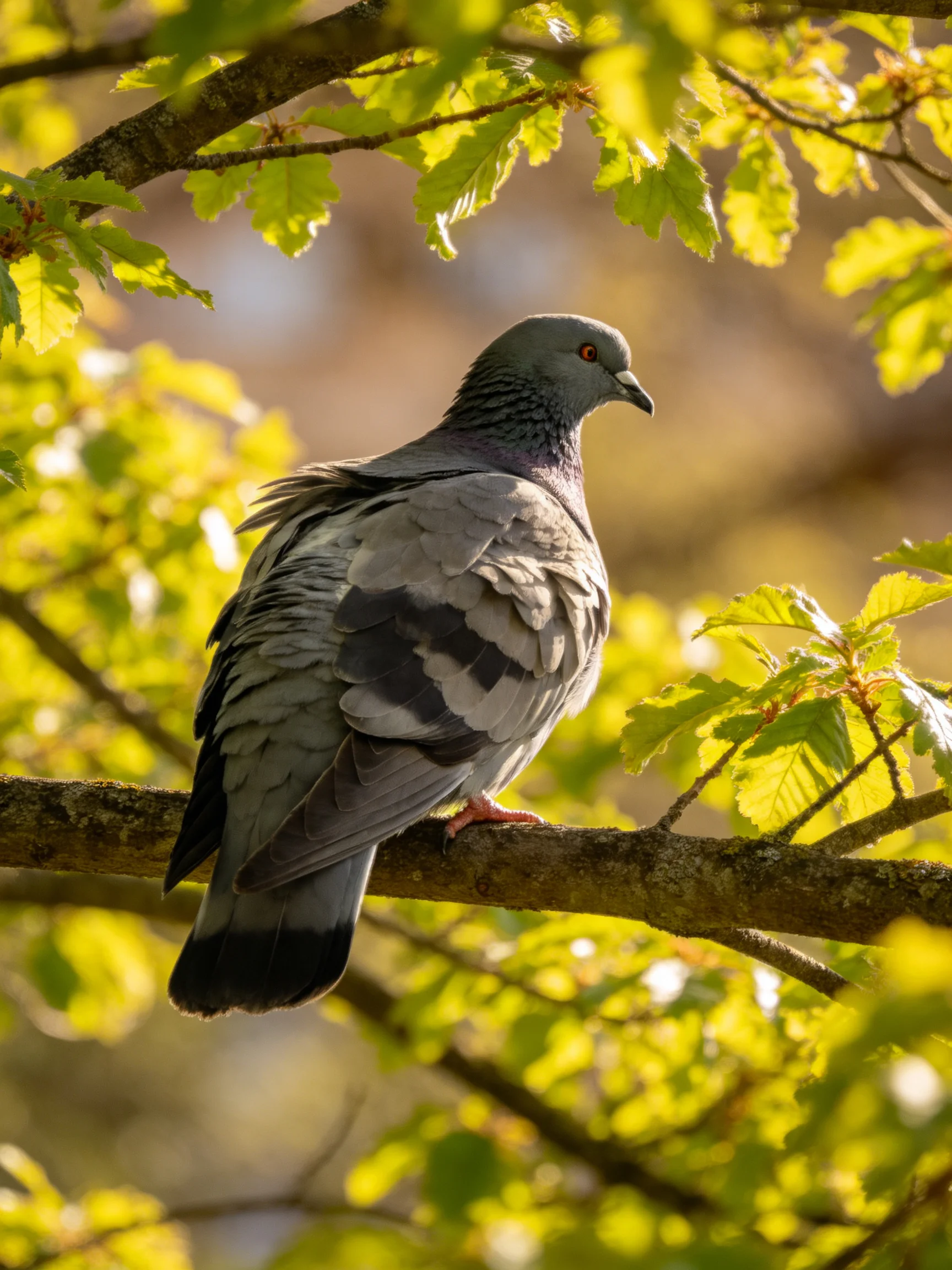 A gray pigeon perches on a tree branch amid bright green foliage