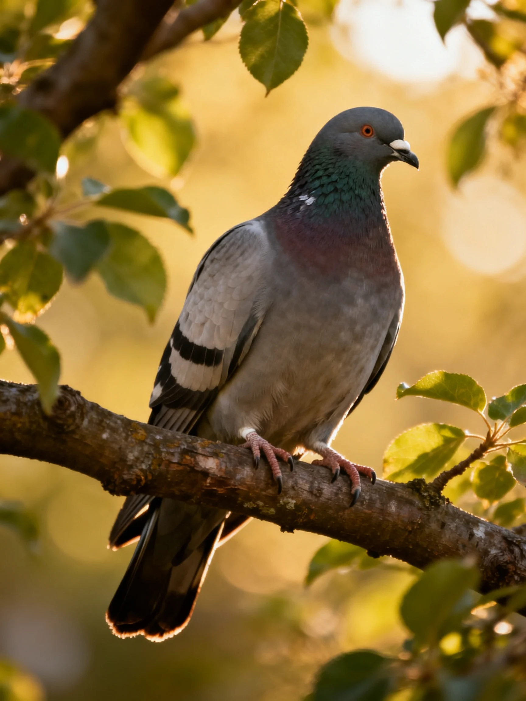 A gray pigeon perches on a tree branch with green foliage
