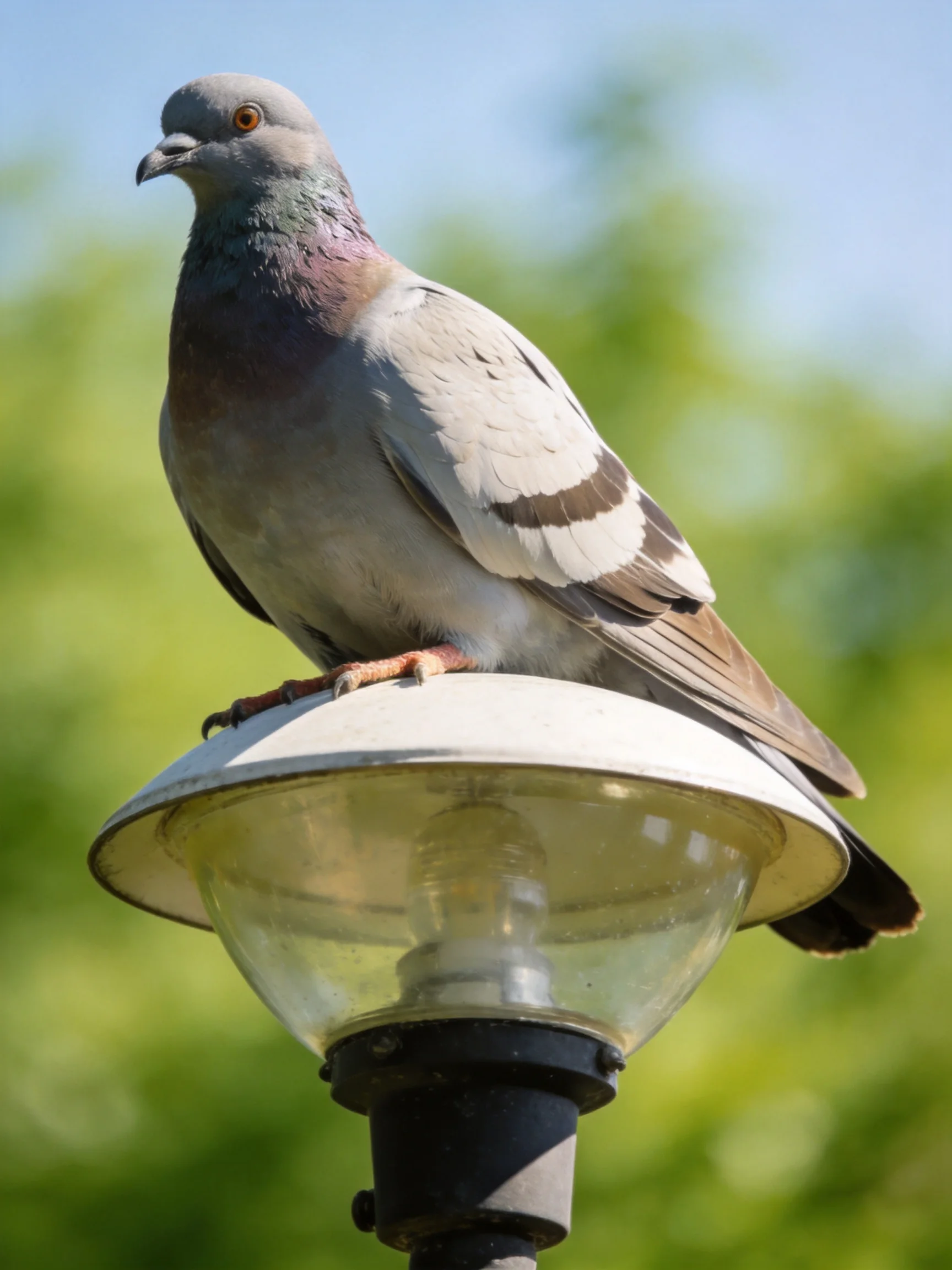 A gray pigeon perches on a vintage street lamp