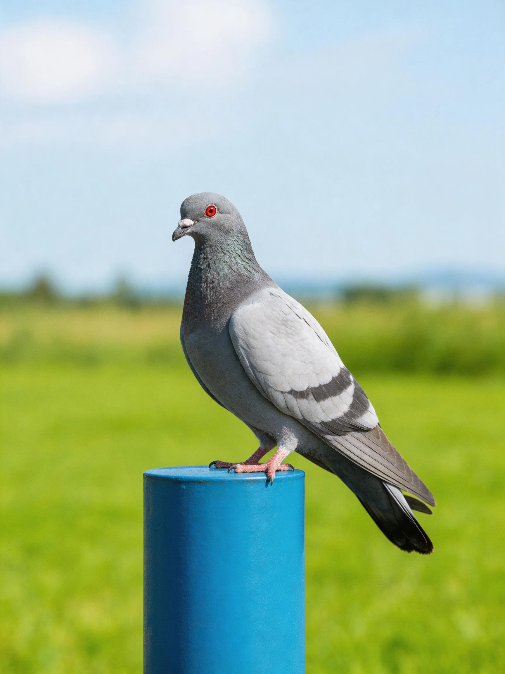 A gray pigeon rests on a blue post in an green outdoor landscape.