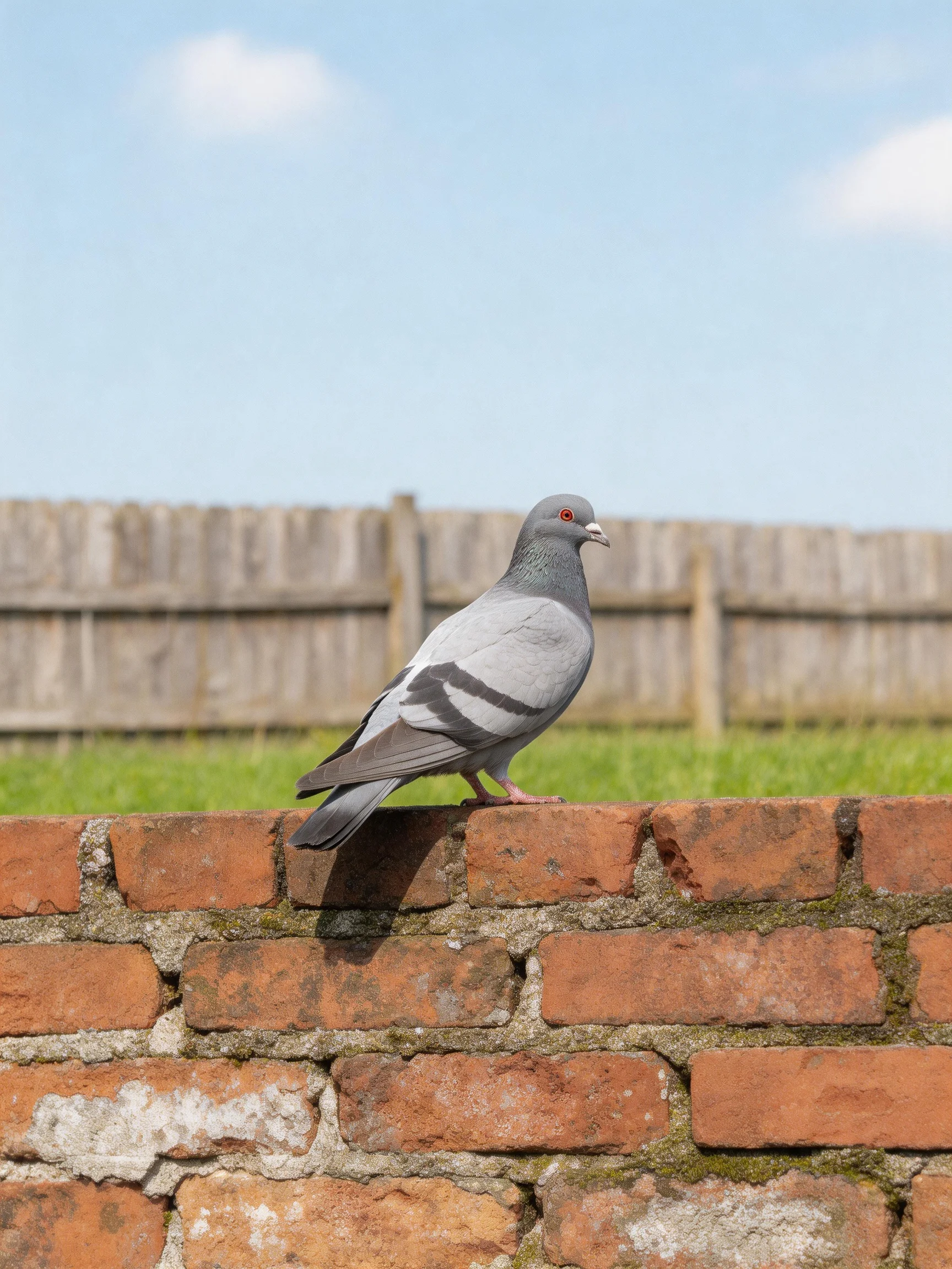 A gray pigeon perches on a weathered brick wall near a wooden fence
